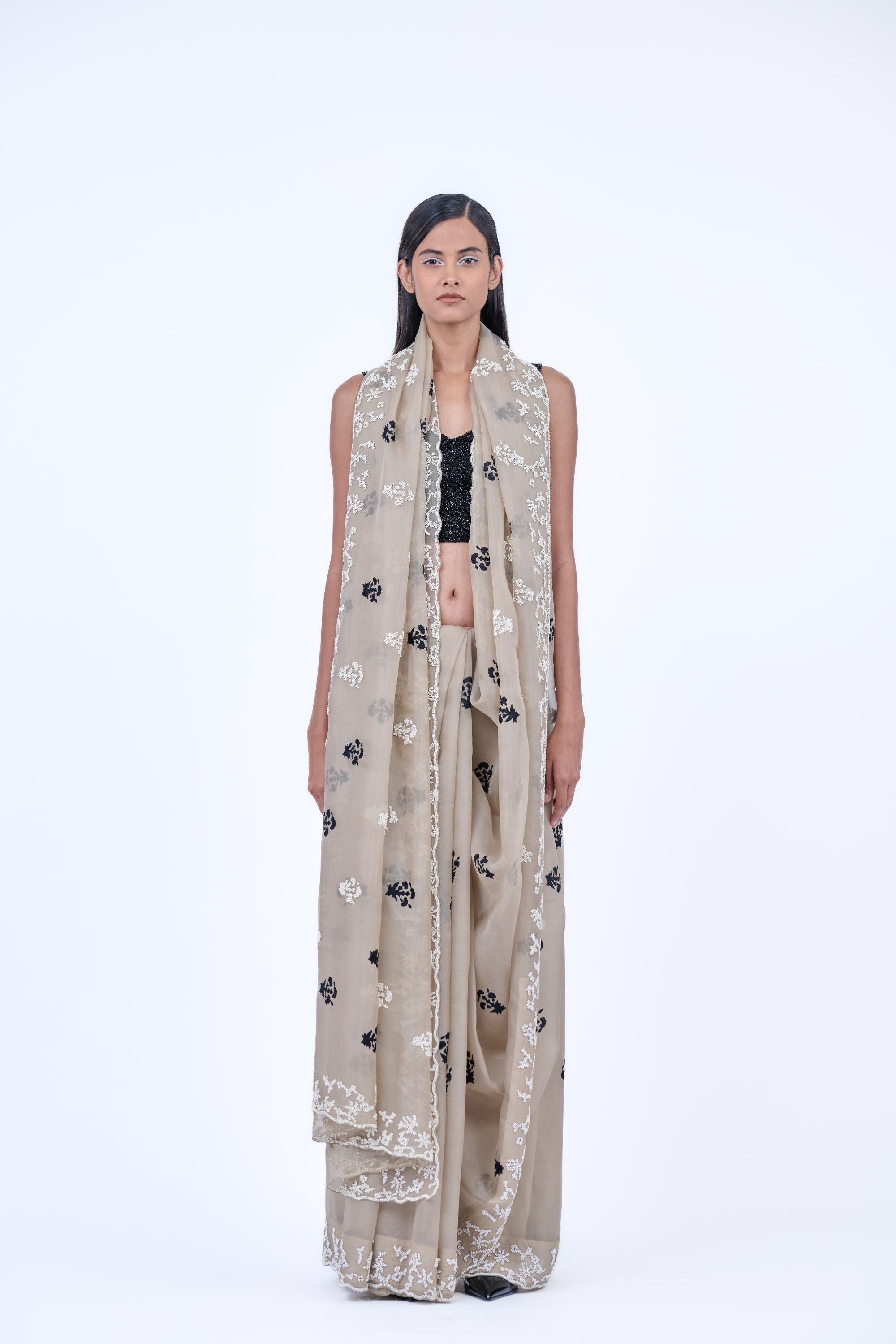 Natural Blk Ec Silk Organza Sari