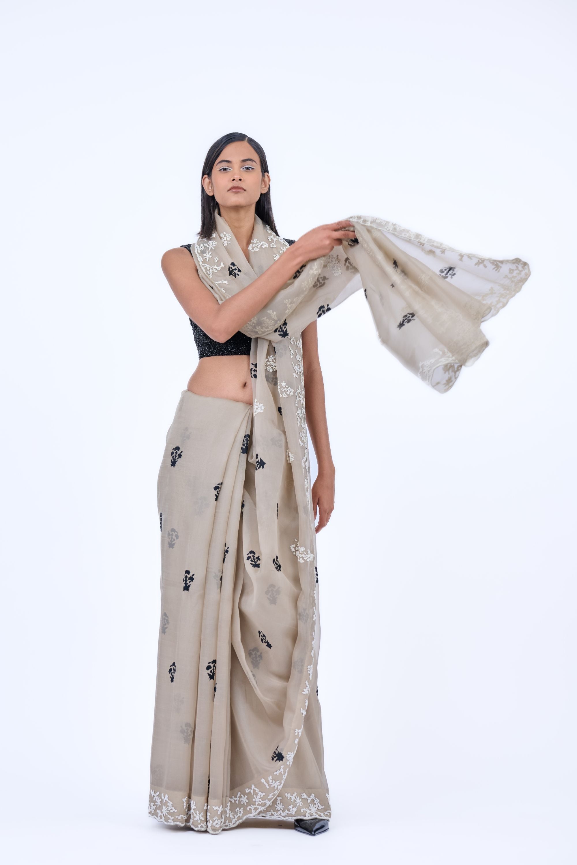 Natural Blk Ec Silk Organza Sari