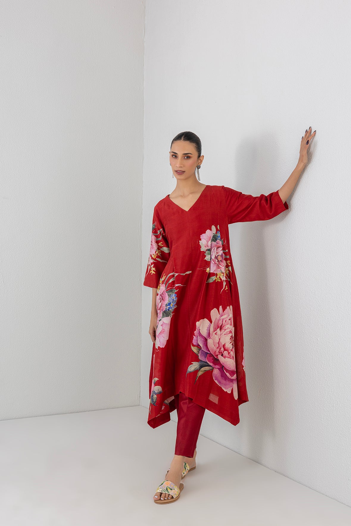 Crimson Flame Red Silk Chanderi China Rose Printed Dress