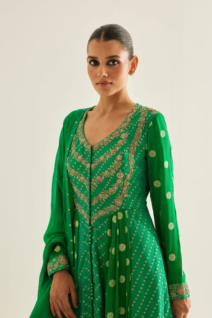 slim fit dress slacks Green Embroidered Silk Anarkali main image 0