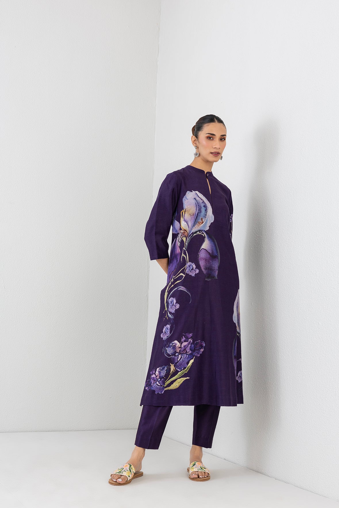 Violet Abyss Silk Chanderi Iris Lily Printed Tunic
