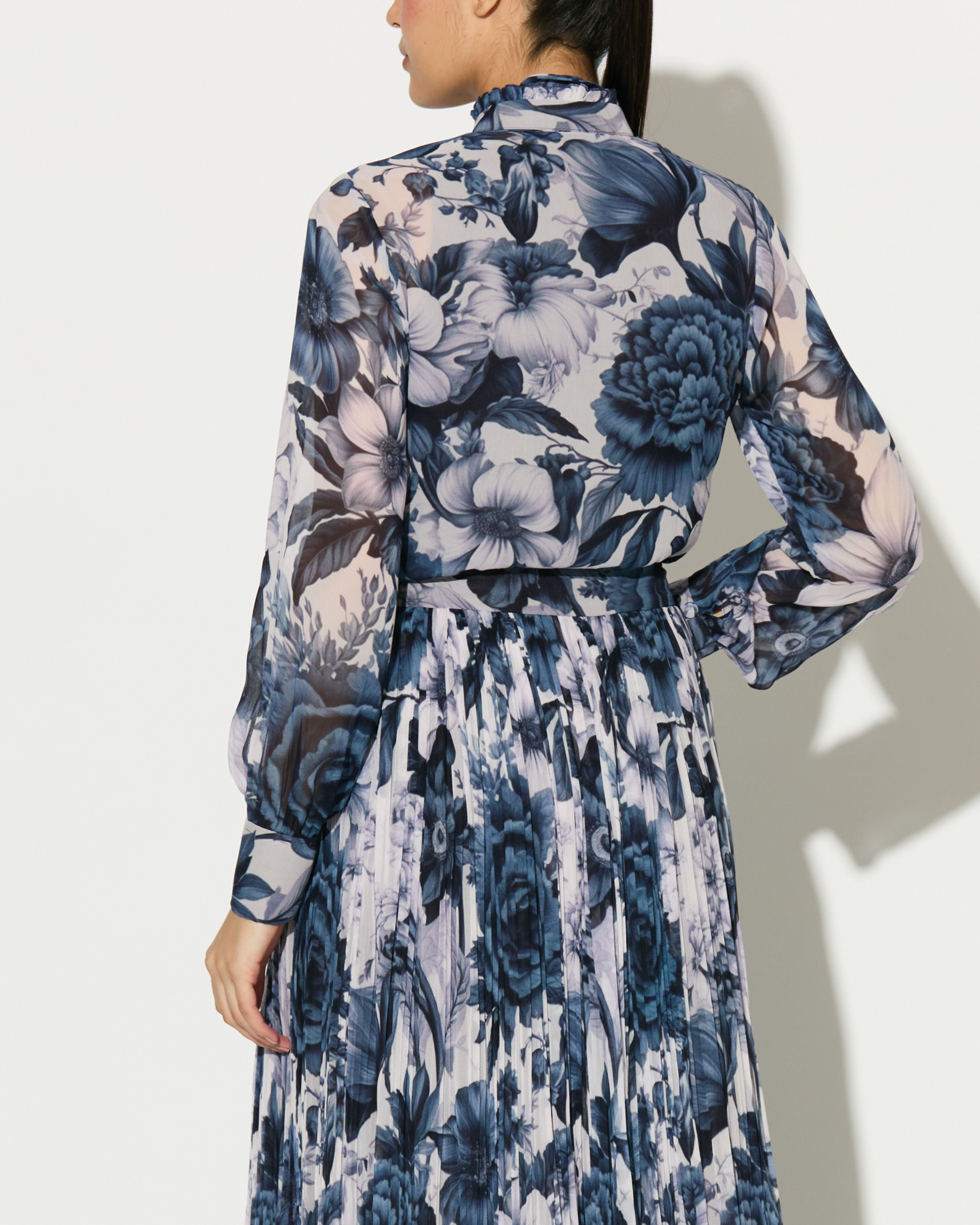 WHITE AND BLUE FLORAL FRILL COLLAR SHIRT