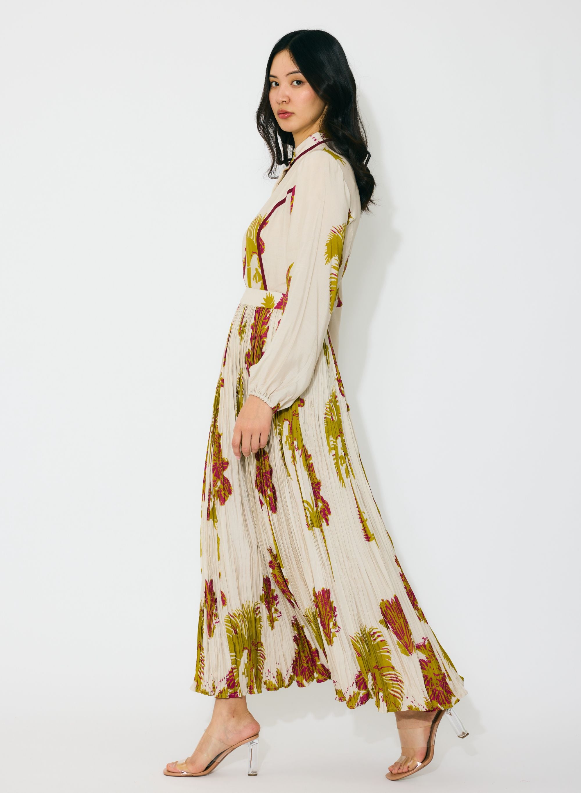 BEIGE, MUSTARD AND HOT PINK FLORAL CRINKLED SKIRT