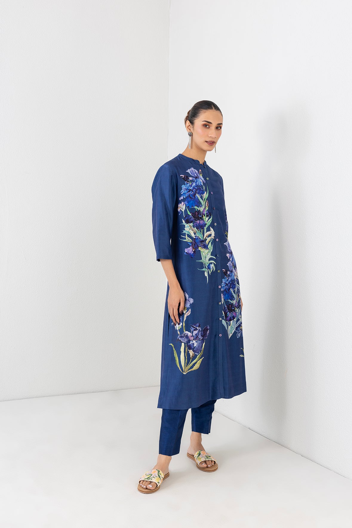 Midnight Indigo Silk Chanderi Floral Printed Tunic