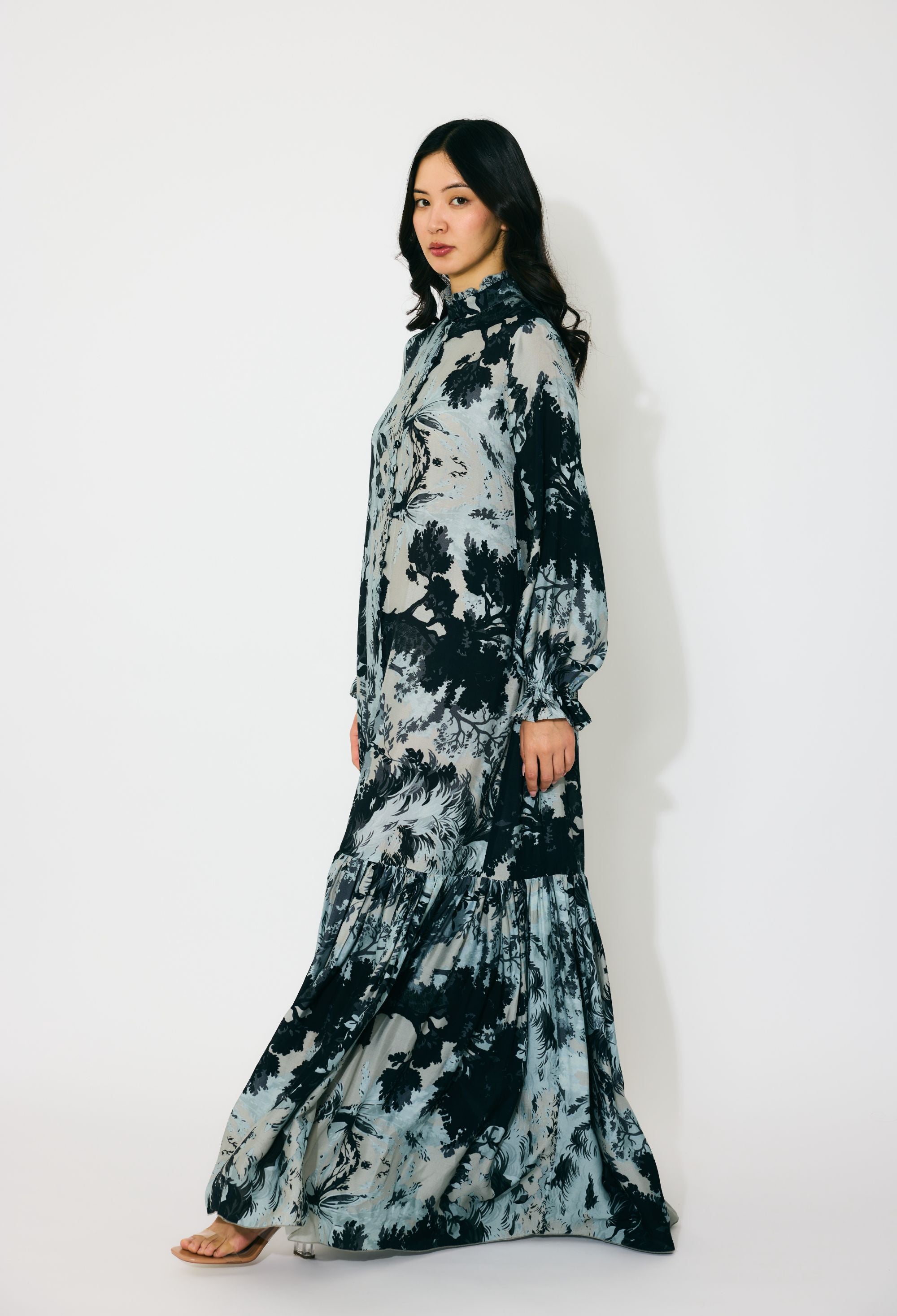 GREY, BLACK AND BEIGE TOILE PRINT LONG SHIRT DRESS