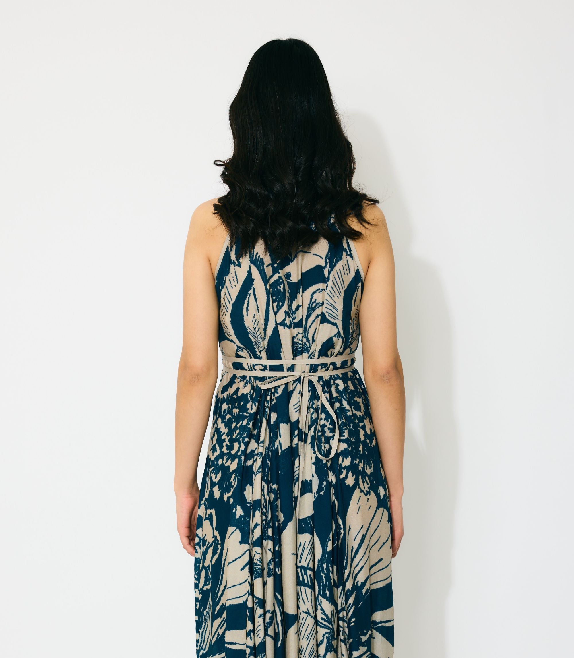 BLUE AND BEIGE FLORAL SLEEVELESS LONG DRESS