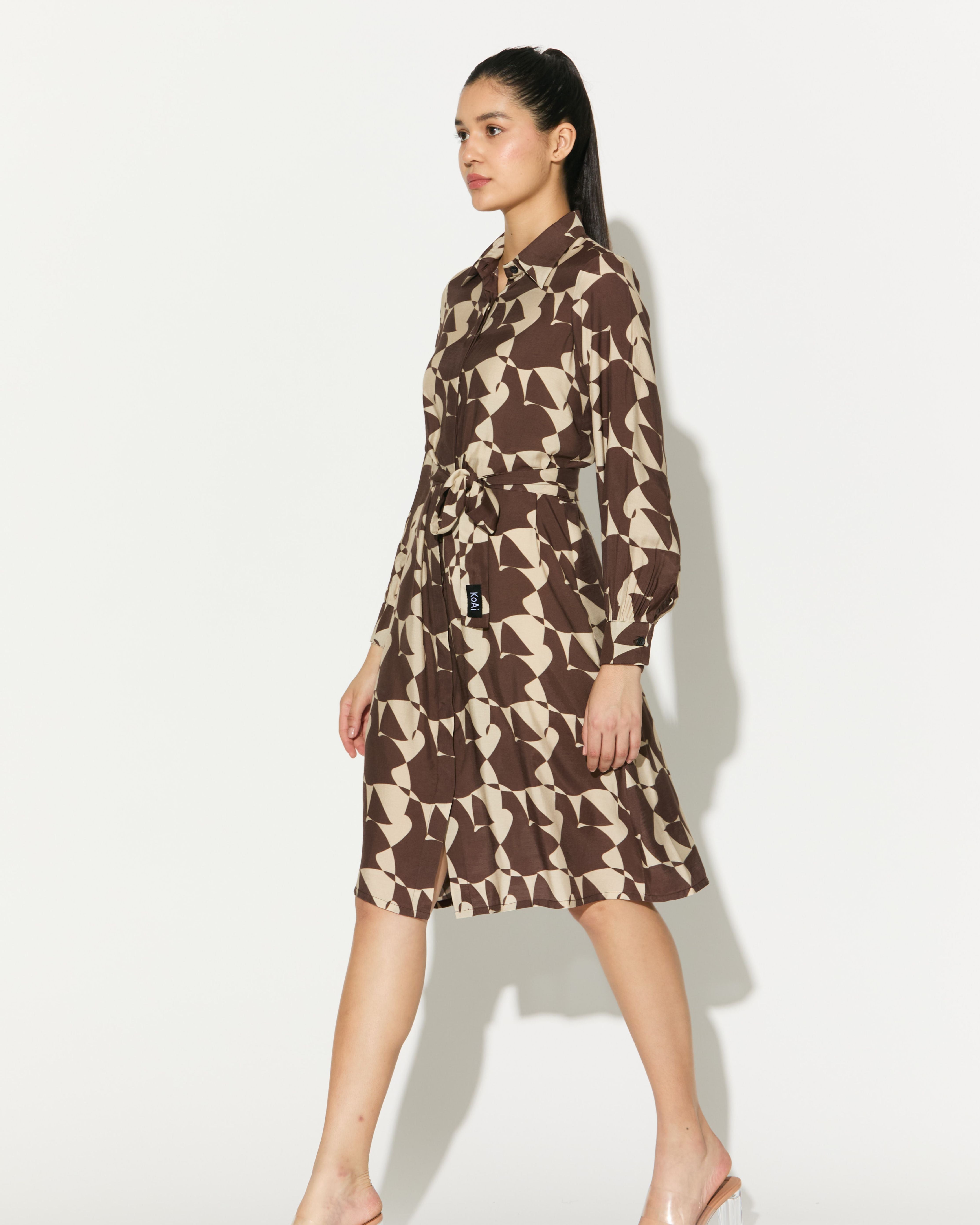 BROWN AND WHITE ABSTRACT SHIRT DRESS