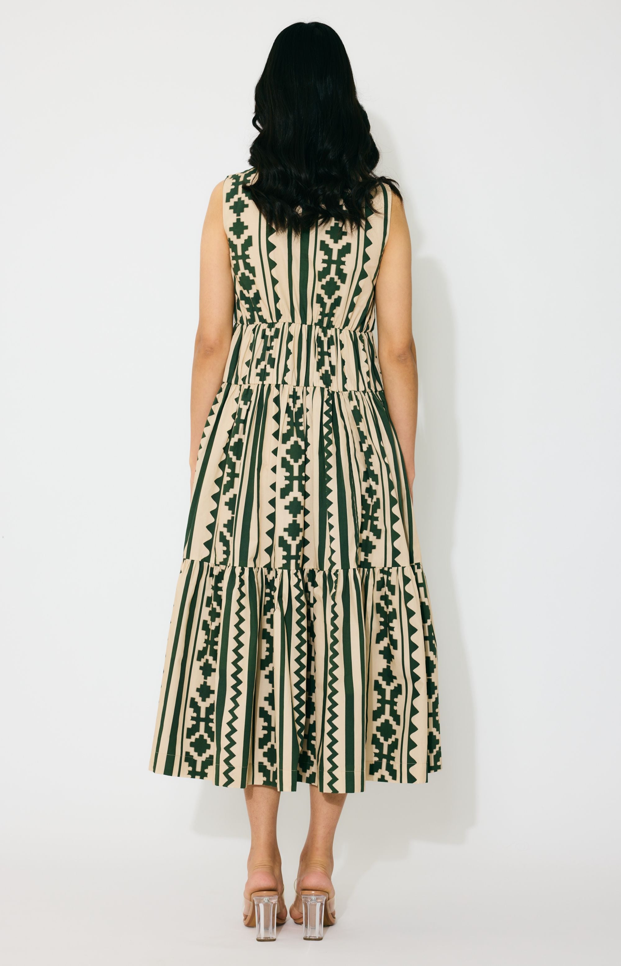 CREAM AND GREEN PATTERN SLEEVELESS MIDI DRESS