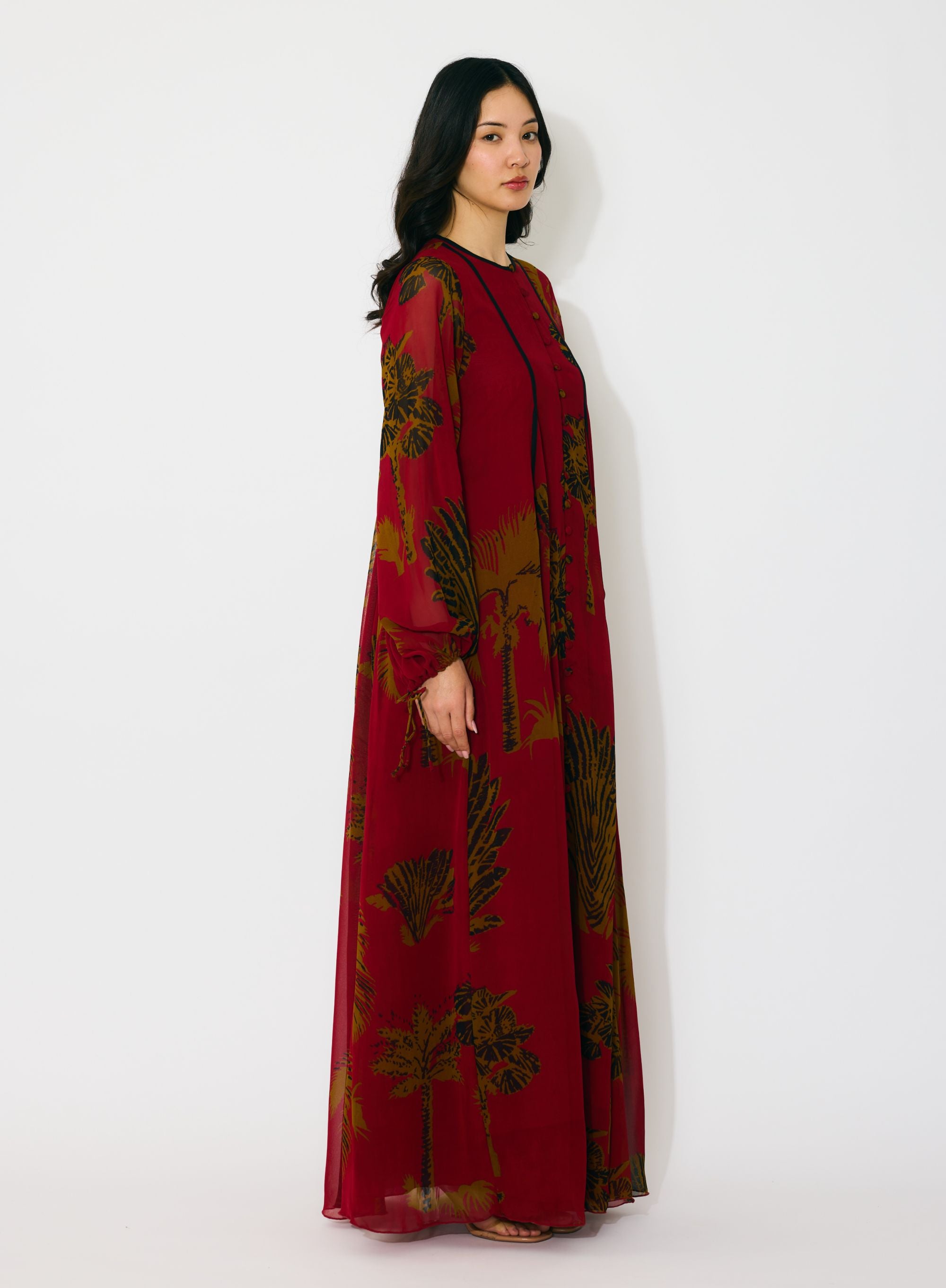 RED, MUSTARD AND BLACK FLORAL LONG SHIRT DRESS