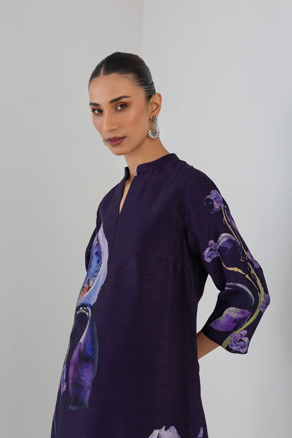 Eggplant Purple Dupion Iris Lily Printed Tunic