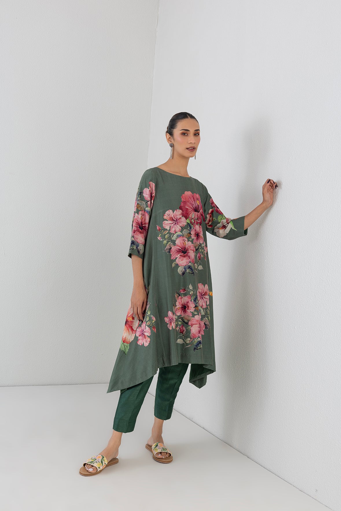 Minted Sage Silk Chanderi Hibiscus Printed Dress