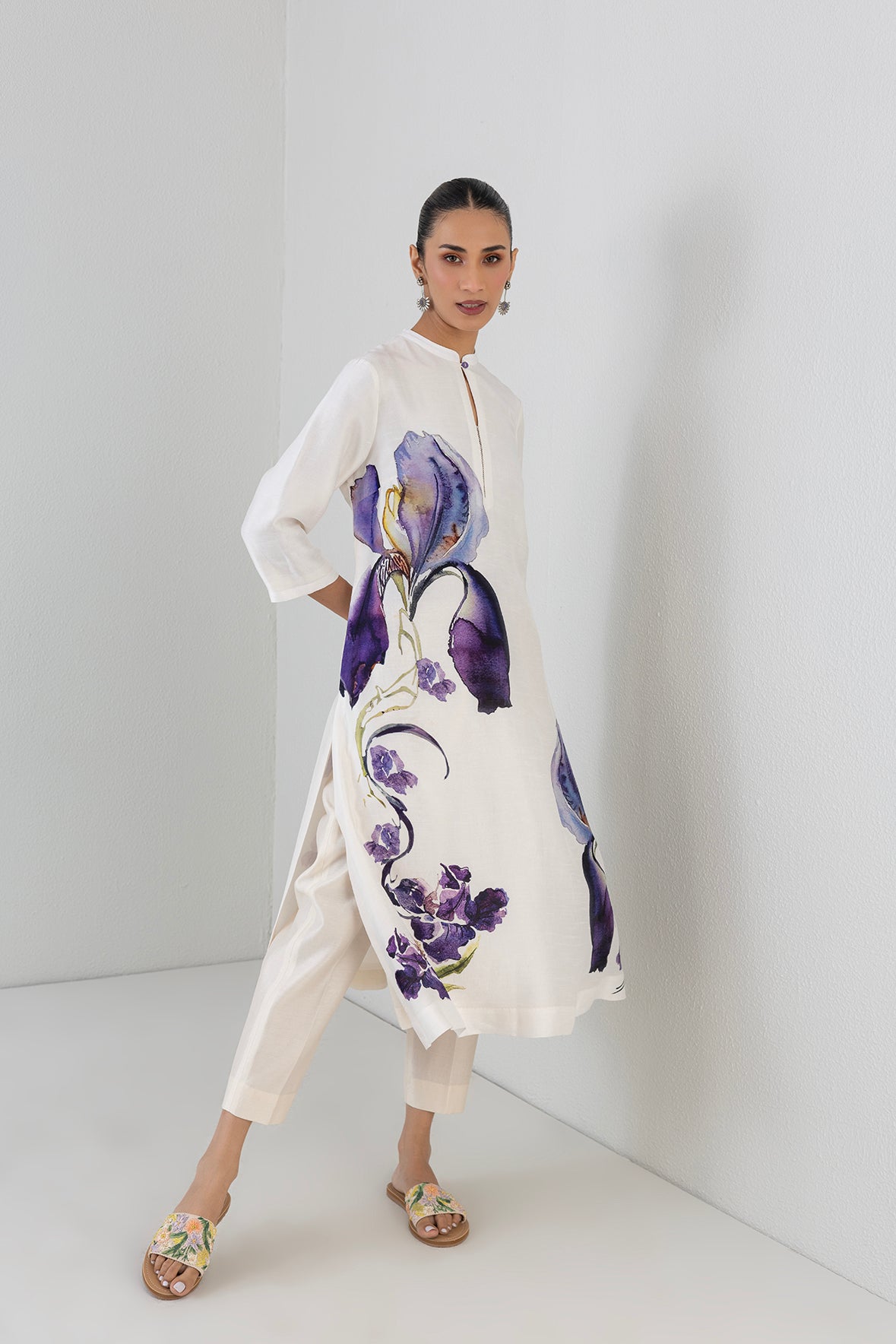 Pearl Ivory Dupion Iris Lily Printed Tunic