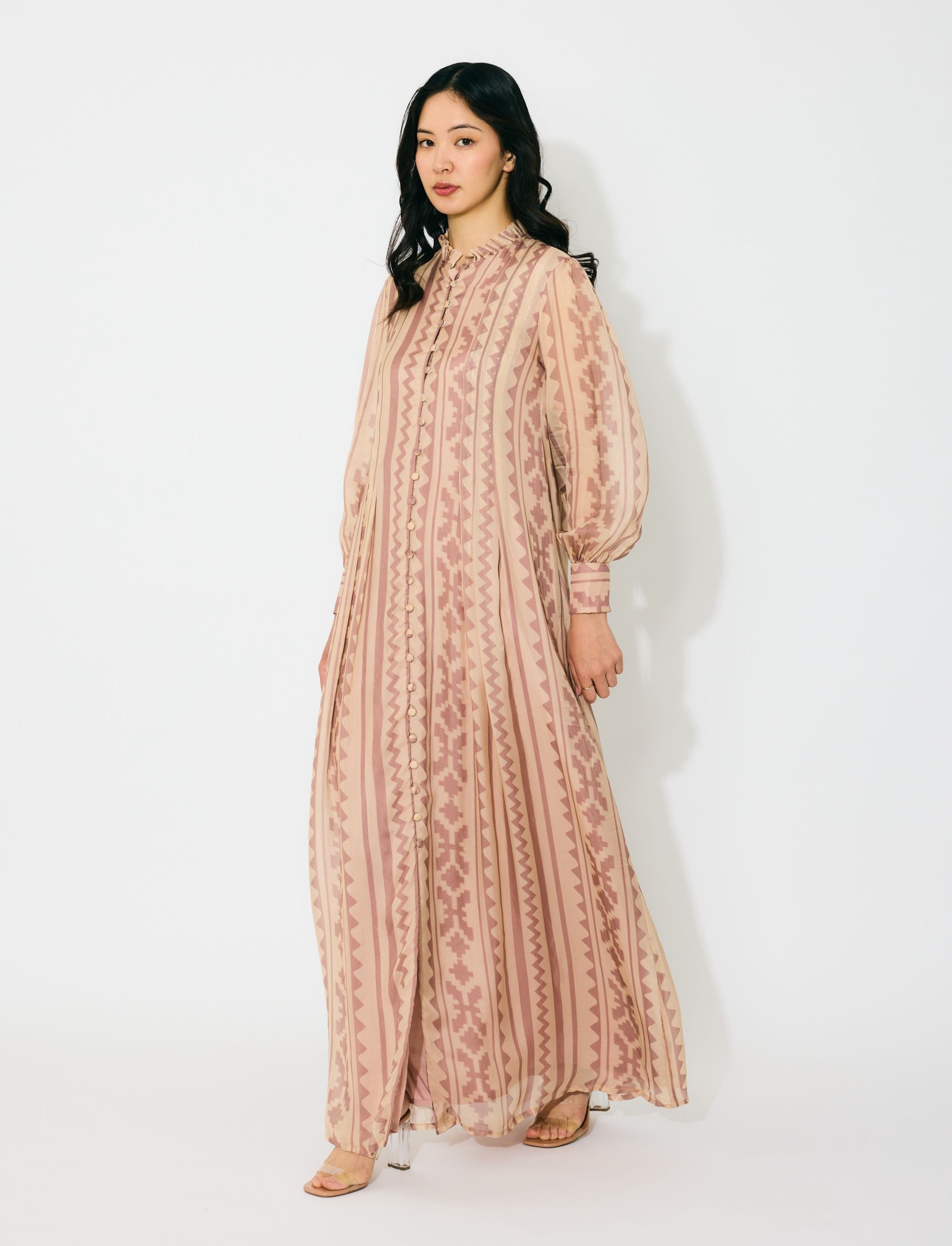 PEACH AND CREAM PATTERN LONG SHIRT DRESS