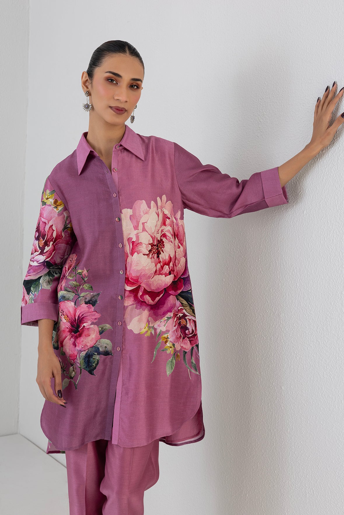 Blush Pink Dupion Peony Flower Printed Shirt