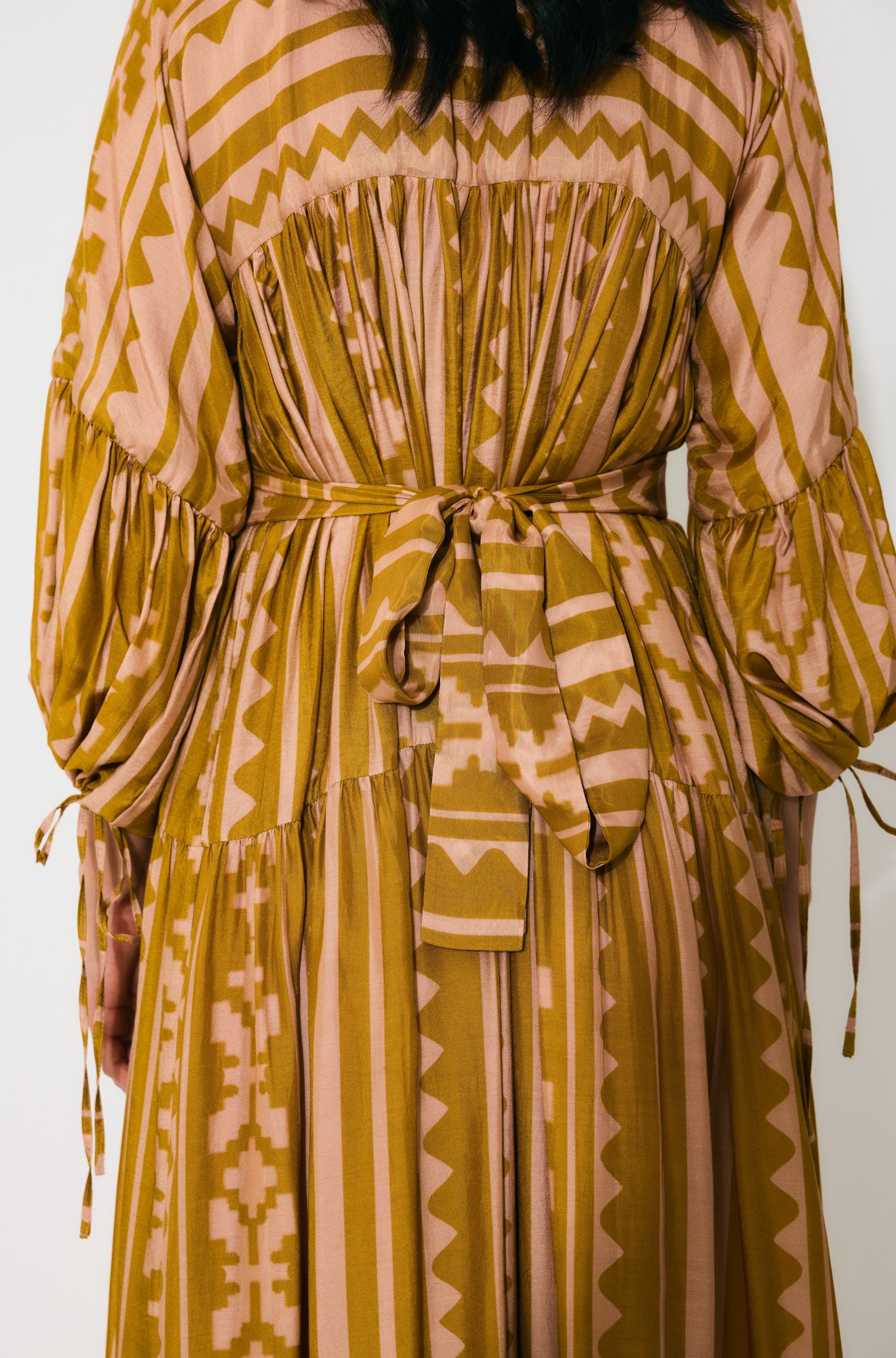 MUSTARD AND PEACH PATTERN MIDI DRESS