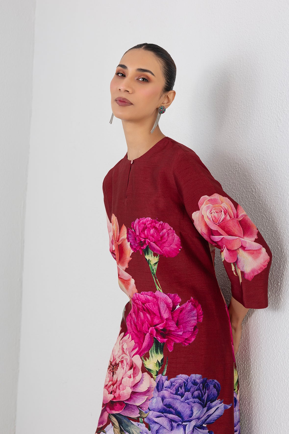 Scarlet Red Dupion Floral Printed Tunic