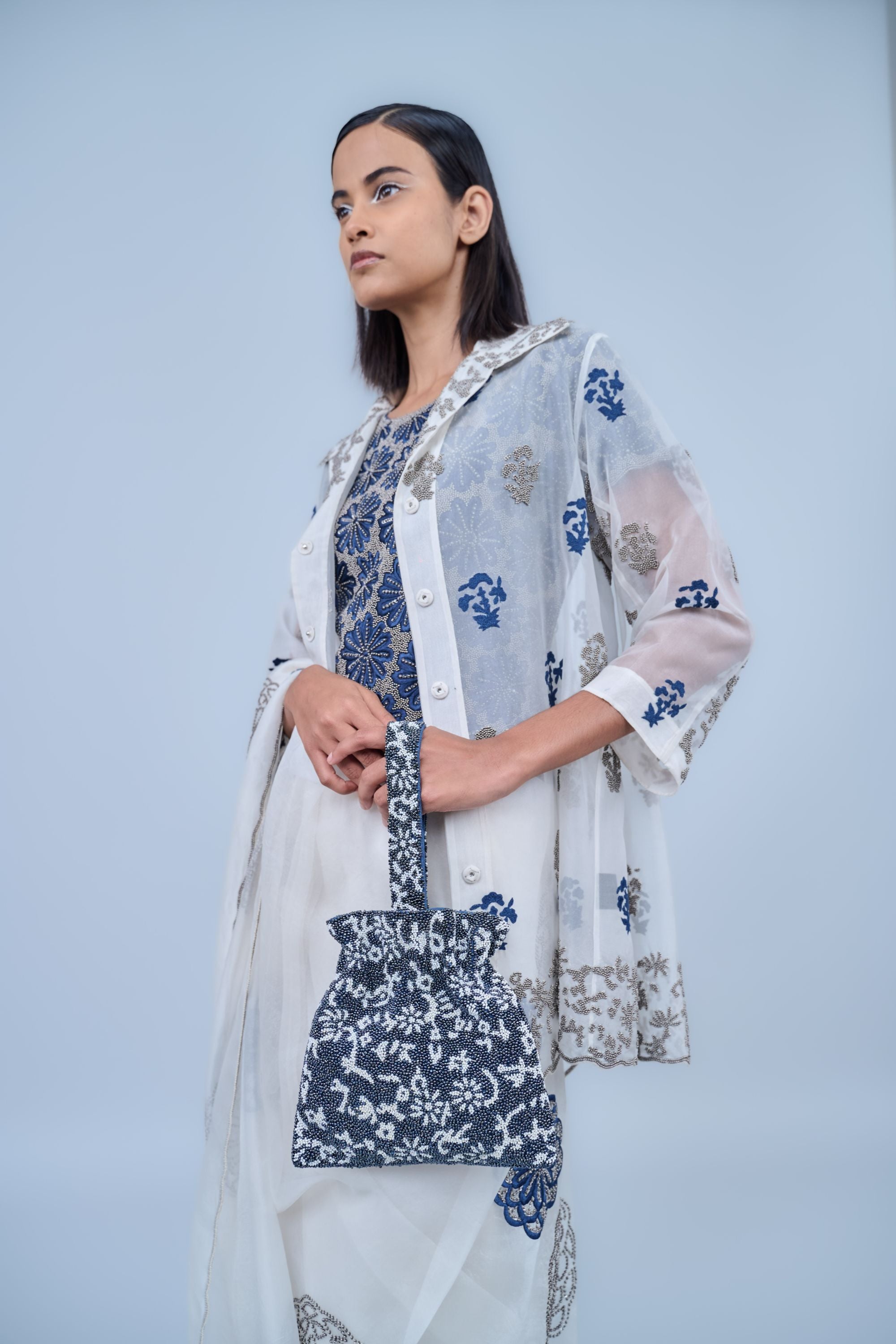 Ecru Spc Slv Silk Organza Sari