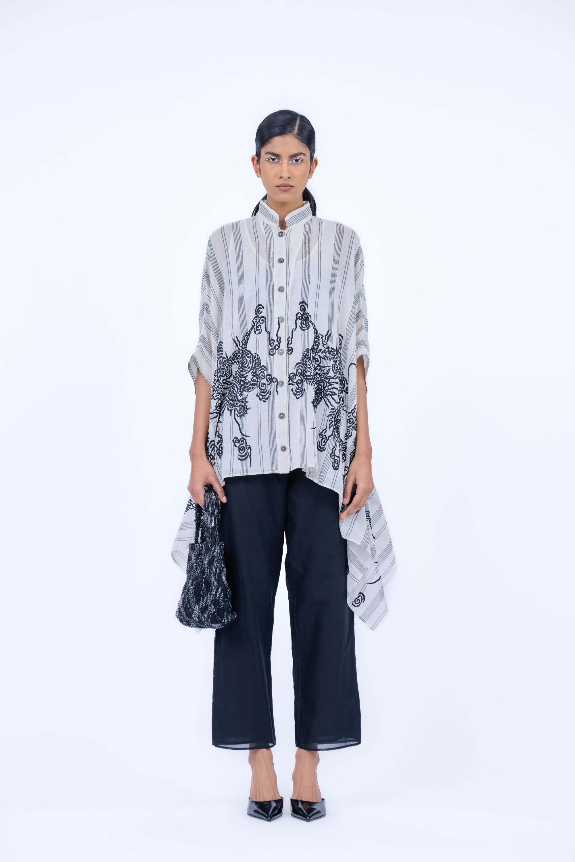 ECRU YARN SHIRT WITH BLACK PANTS