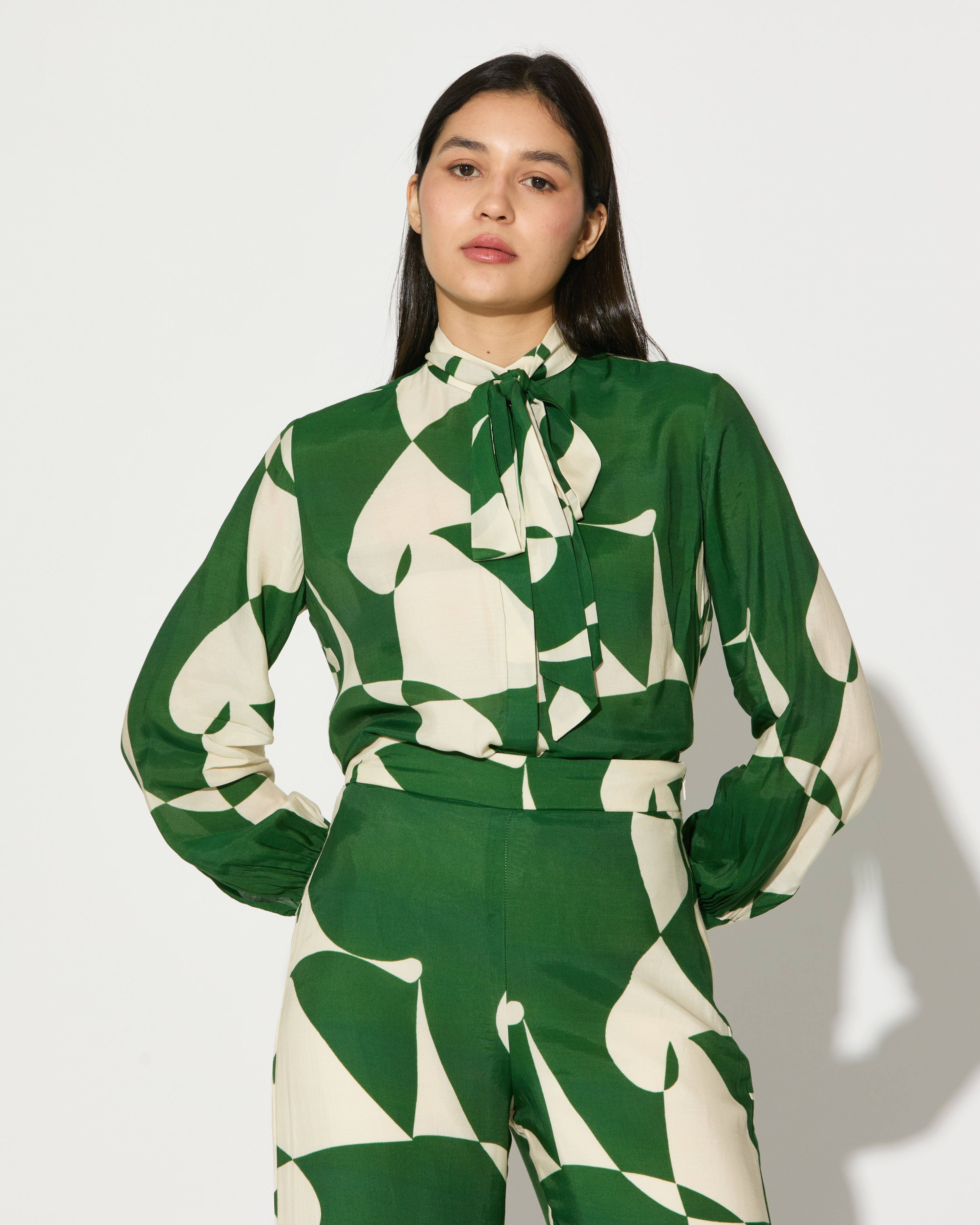 GREEN AND WHITE ABSTRACT BOW TIE SHIRT