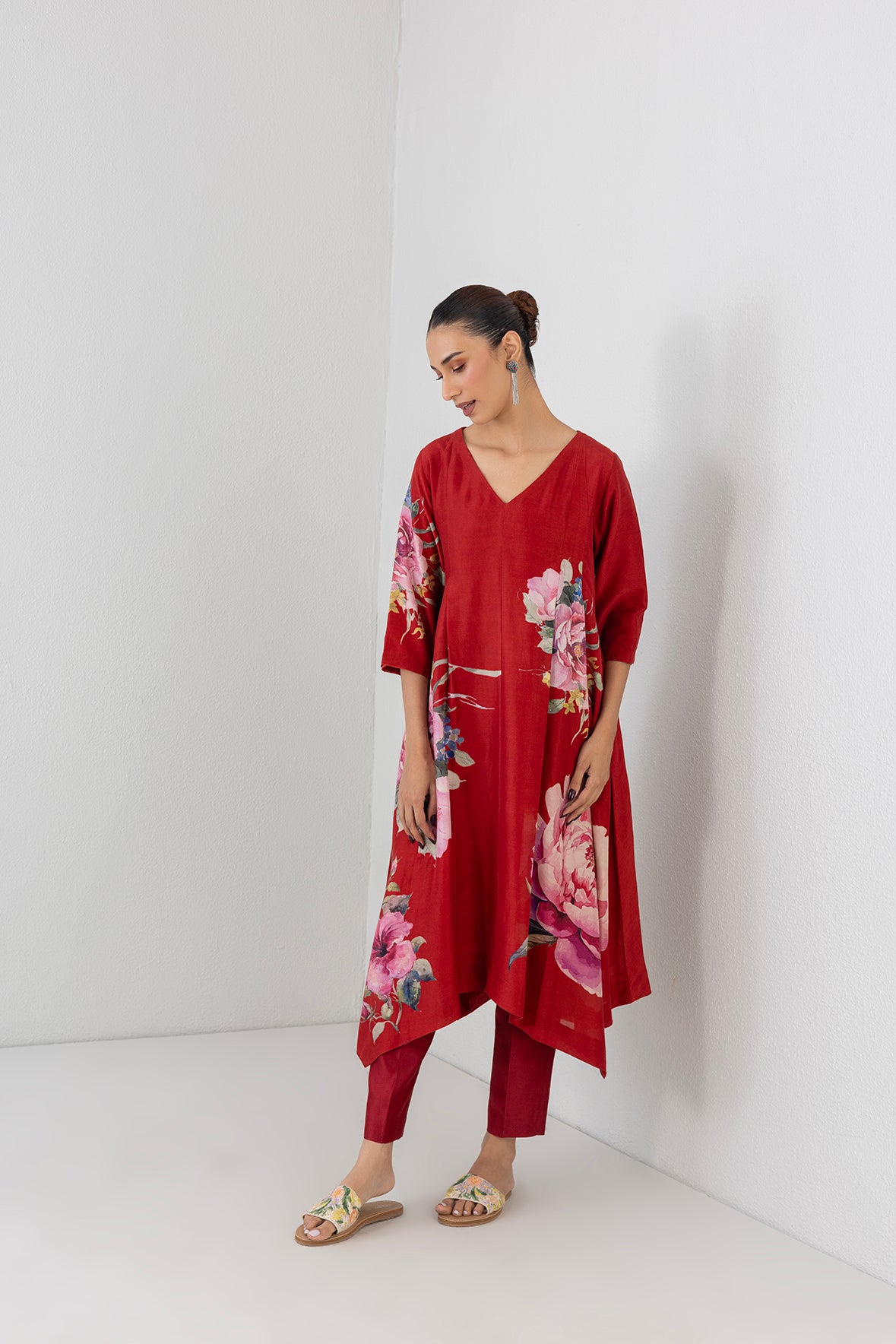 Crimson Flame Red Silk Chanderi China Rose Printed Dress