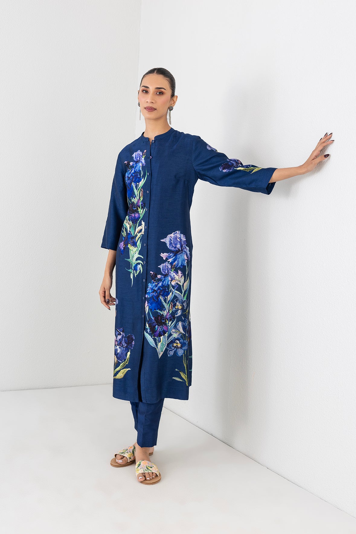 Blue Lagoon Dupion Floral Buta Printed Tunic