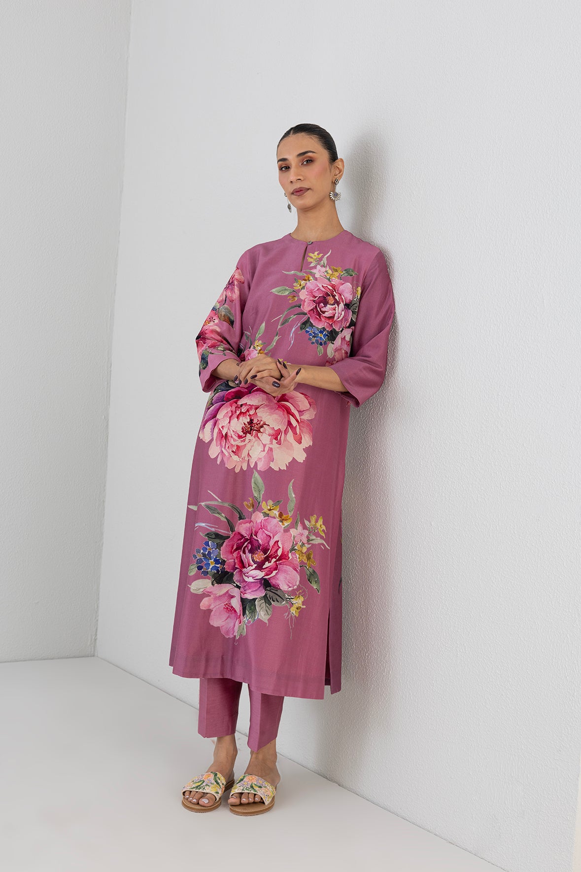 Fuchsia Pink Silk Chanderi Peony Flower Printed Tunic
