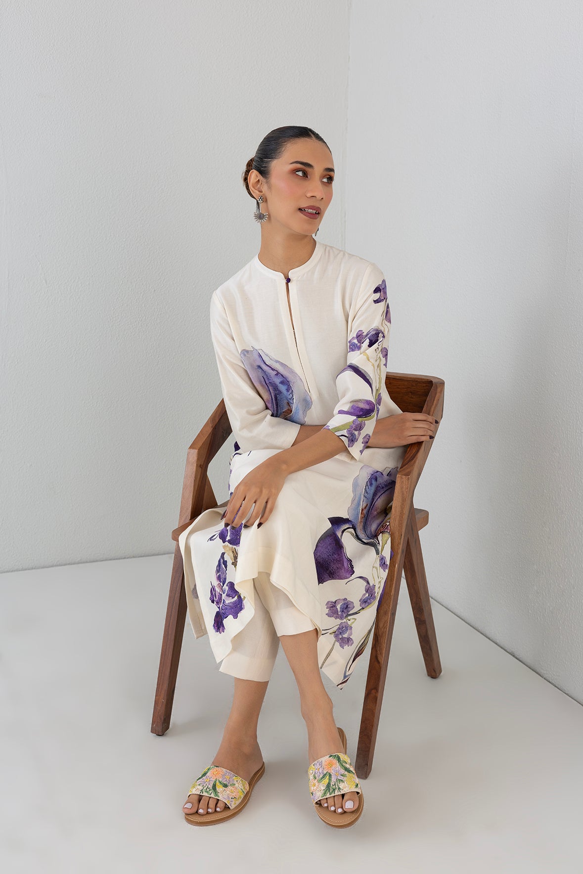 Dove Mist Silk Chanderi Iris Lily Printed Tunic