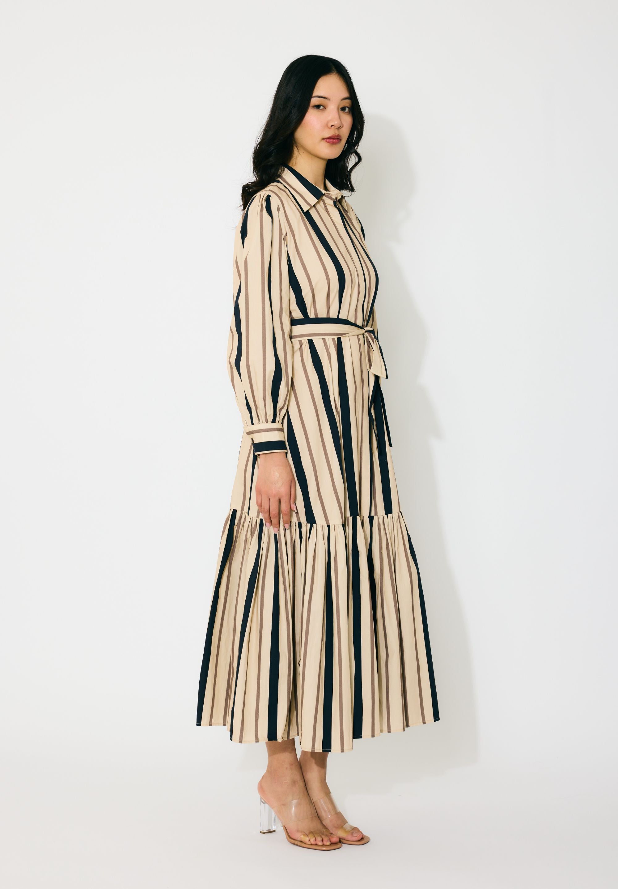 CREAM AND DARK GREEN STRIPE SHIRT DRESS