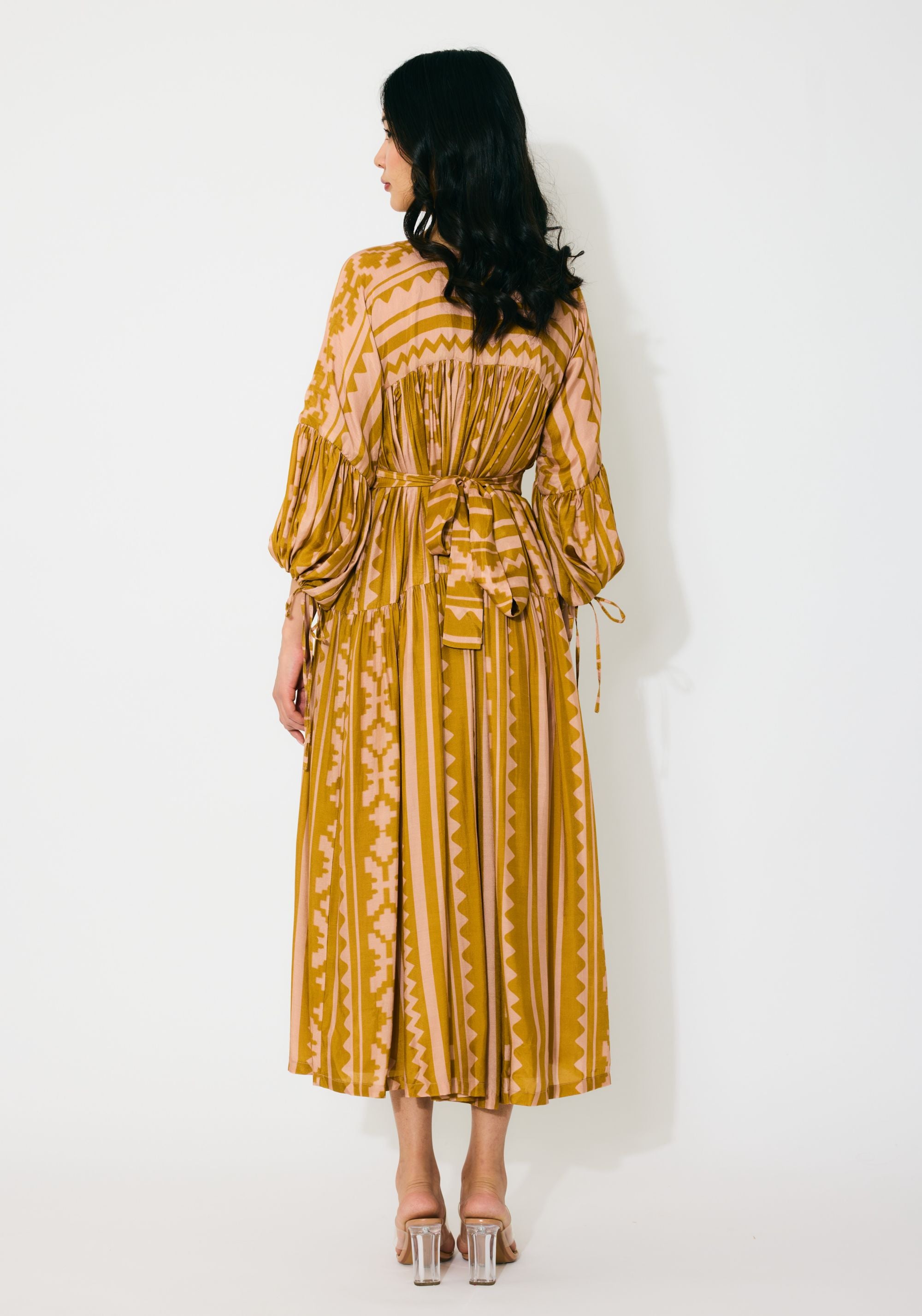 MUSTARD AND PEACH PATTERN MIDI DRESS