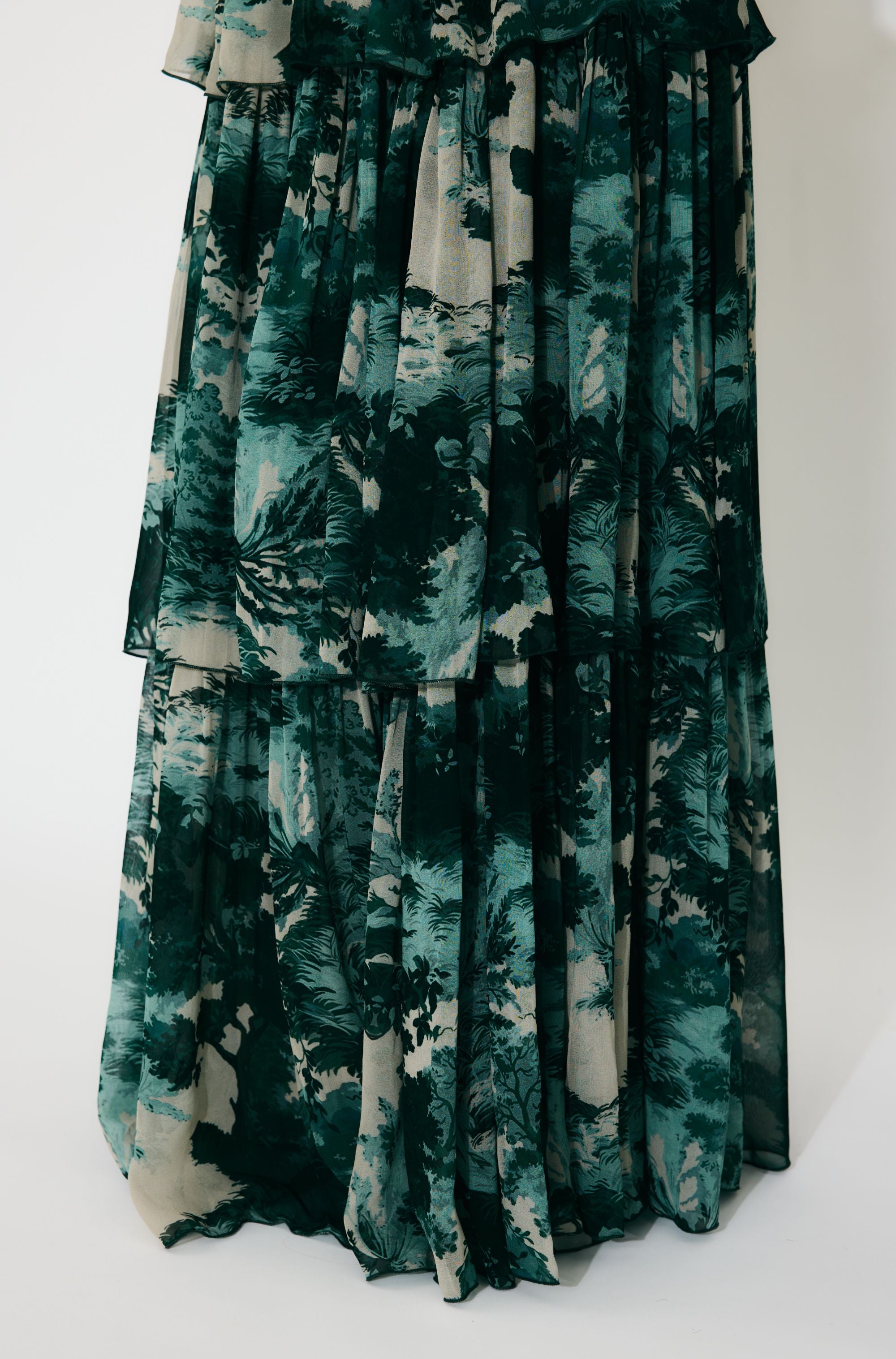 DARK GREEN, MINT AND BEIGE TOIL PRINT LONG DRESS