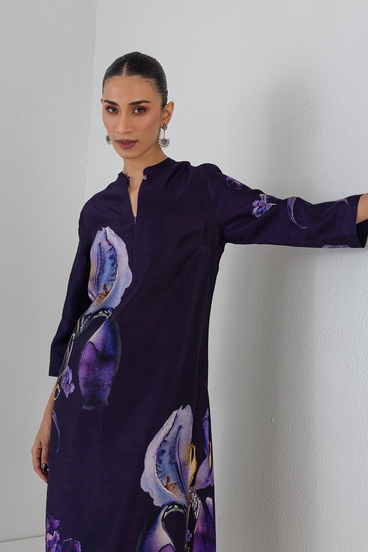 Eggplant Purple Dupion Iris Lily Printed Tunic