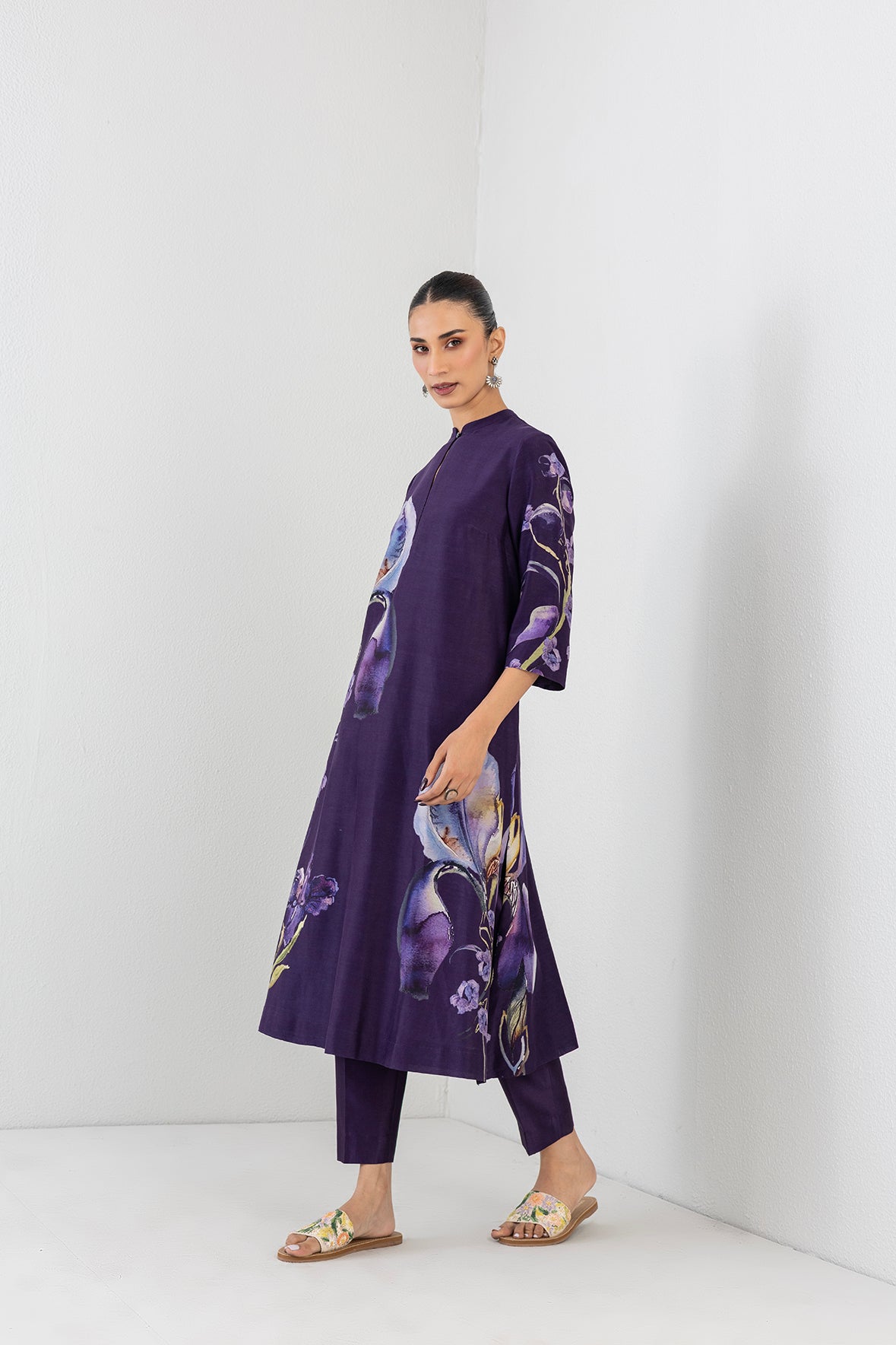 Violet Abyss Silk Chanderi Iris Lily Printed Tunic