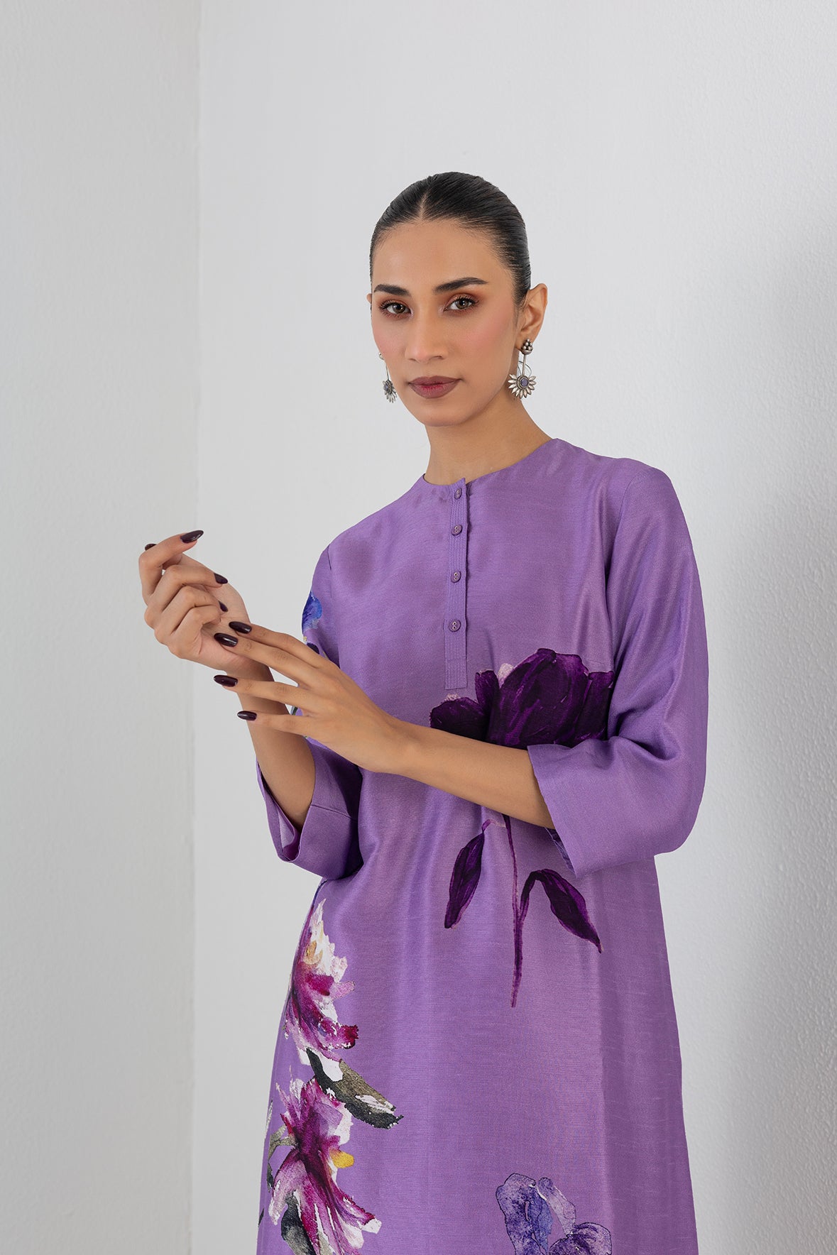 Midnight Plum Dupion Orchid Printed Tunic