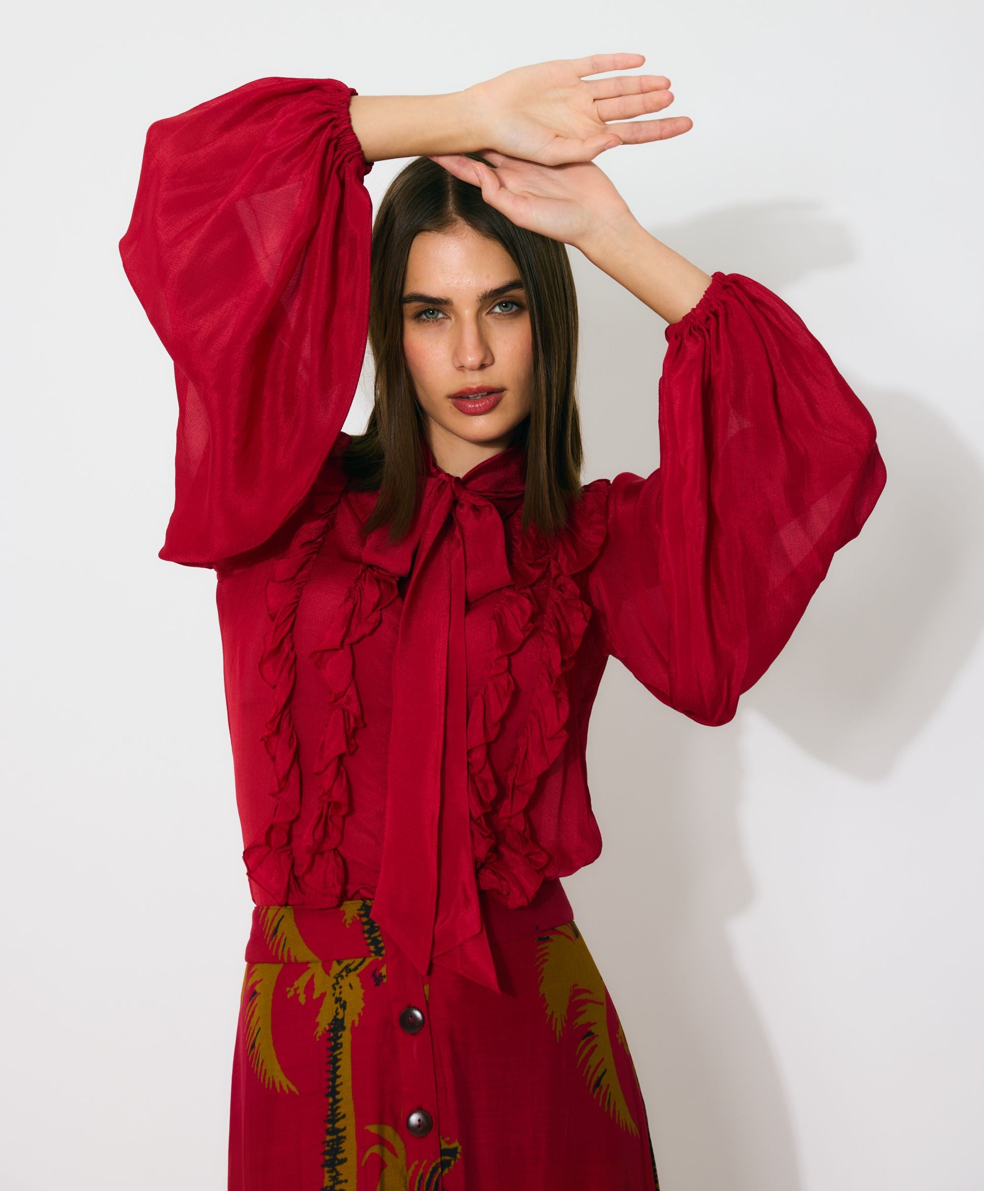 RED PLAIN FRILL TOP
