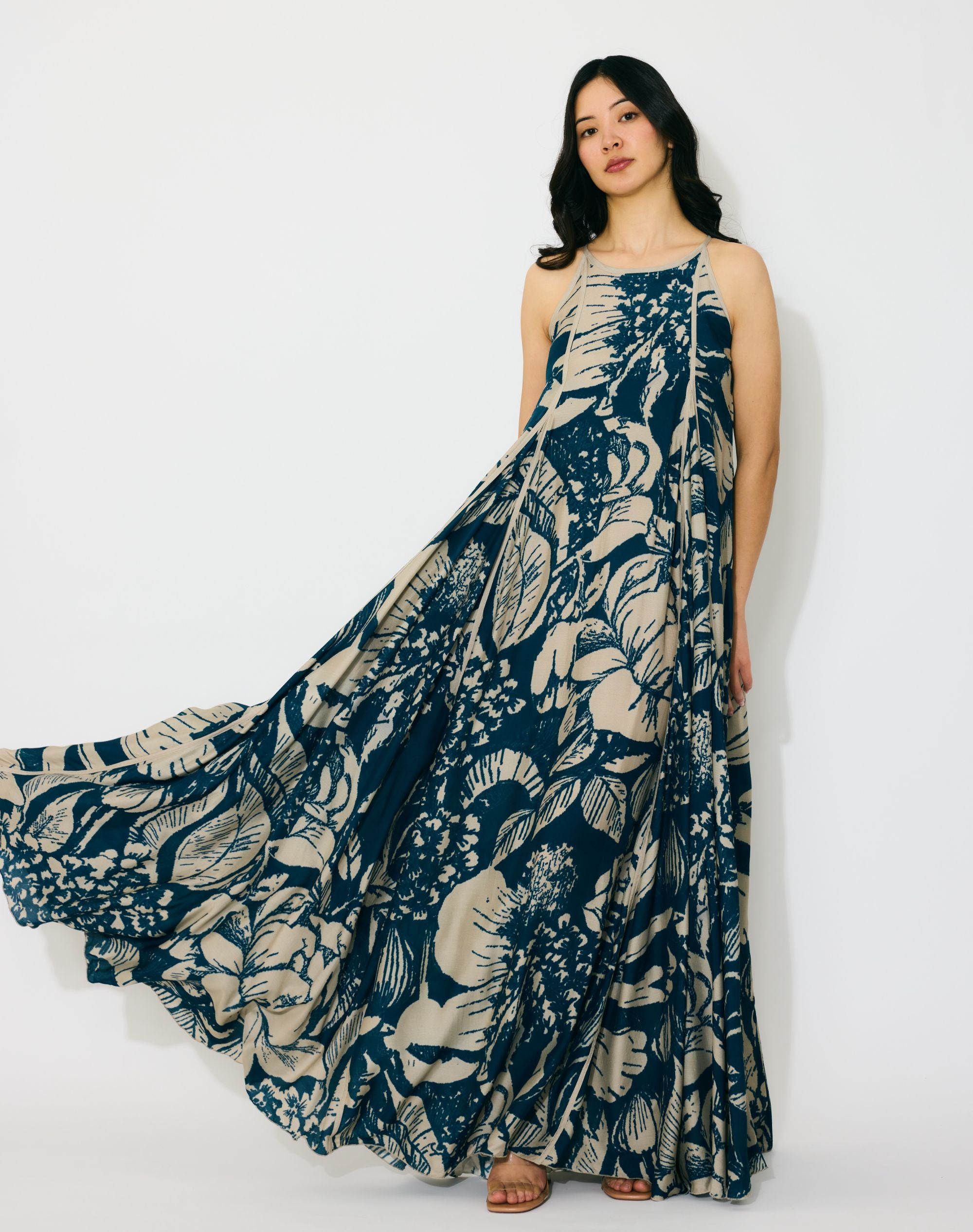 BLUE AND BEIGE FLORAL SLEEVELESS LONG DRESS