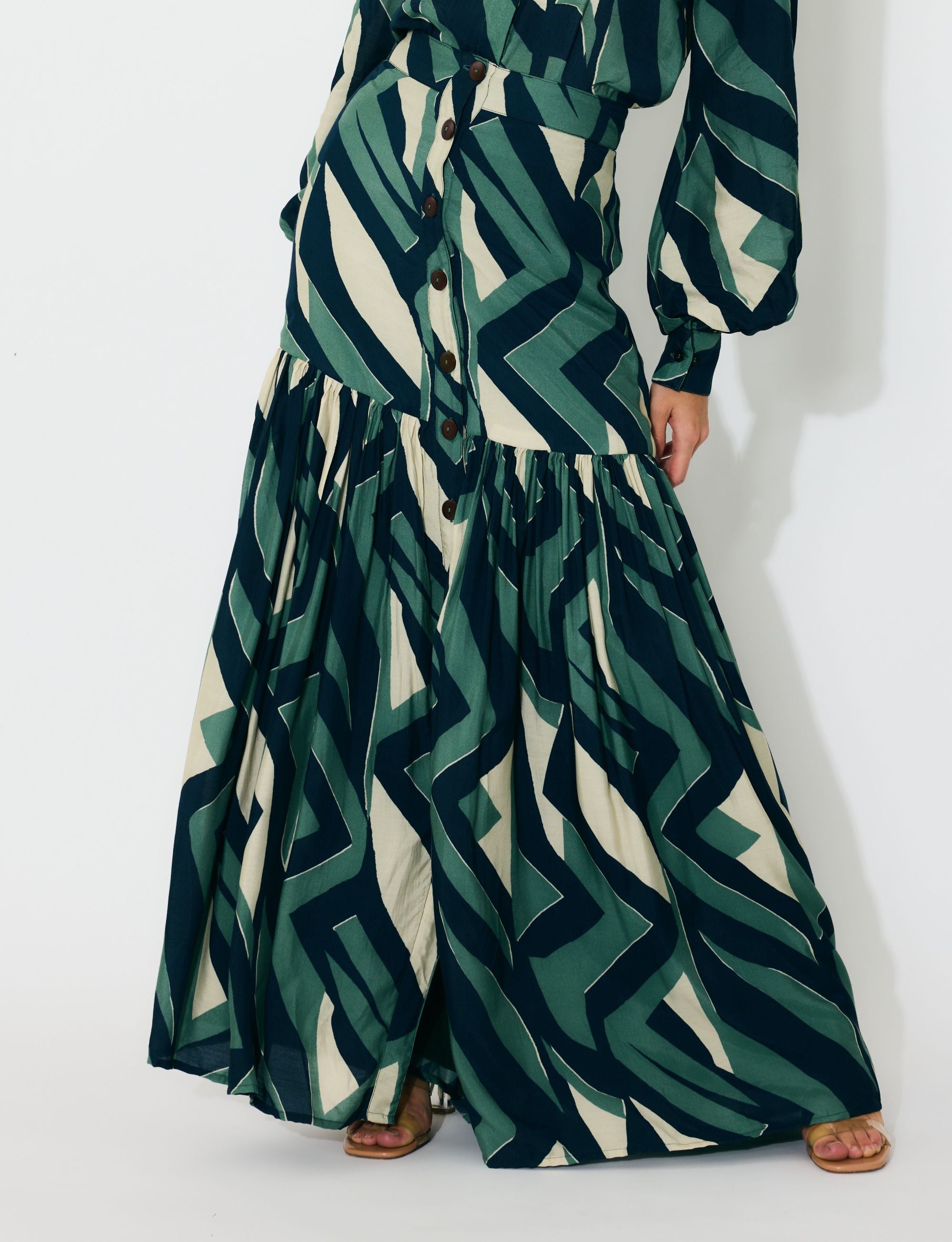 GREEN, INDIGO AND CREAM PATTERN SKIRT