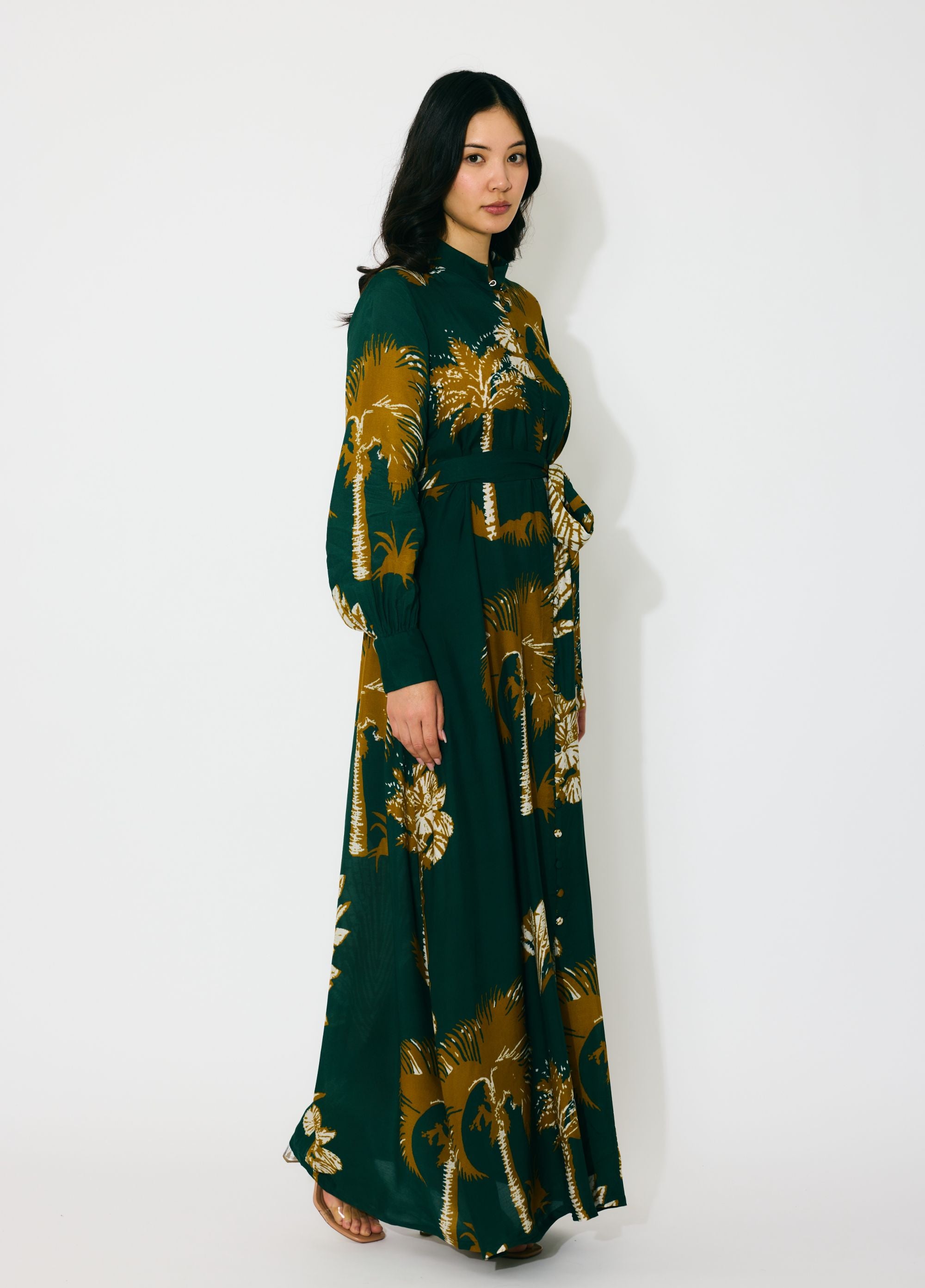 DARK GREEN AND MUSTARD FLORAL LONG SHIRT DRESS