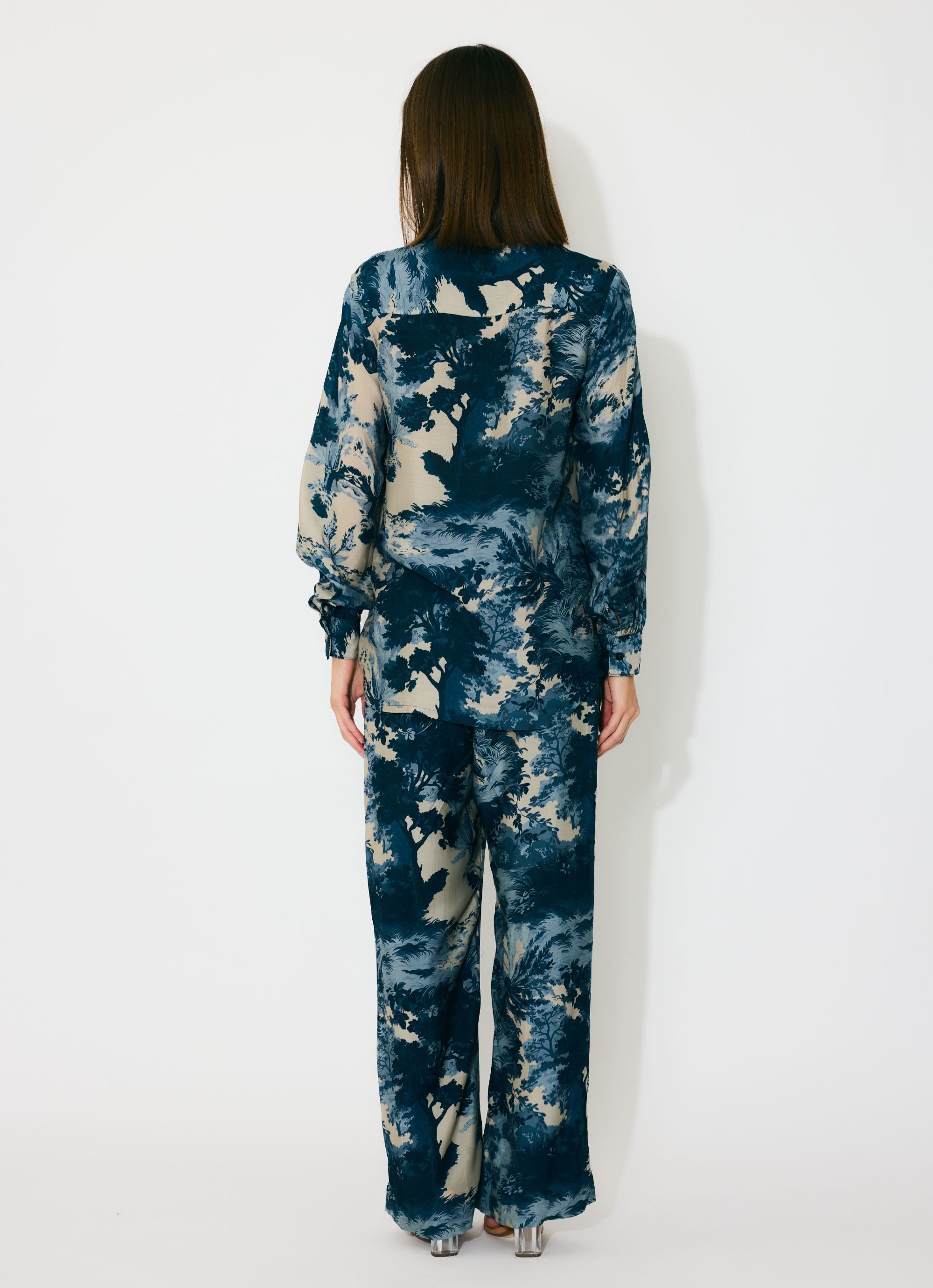 BLUE, INDIGO AND BEIGE TOILE PRINT PANTS