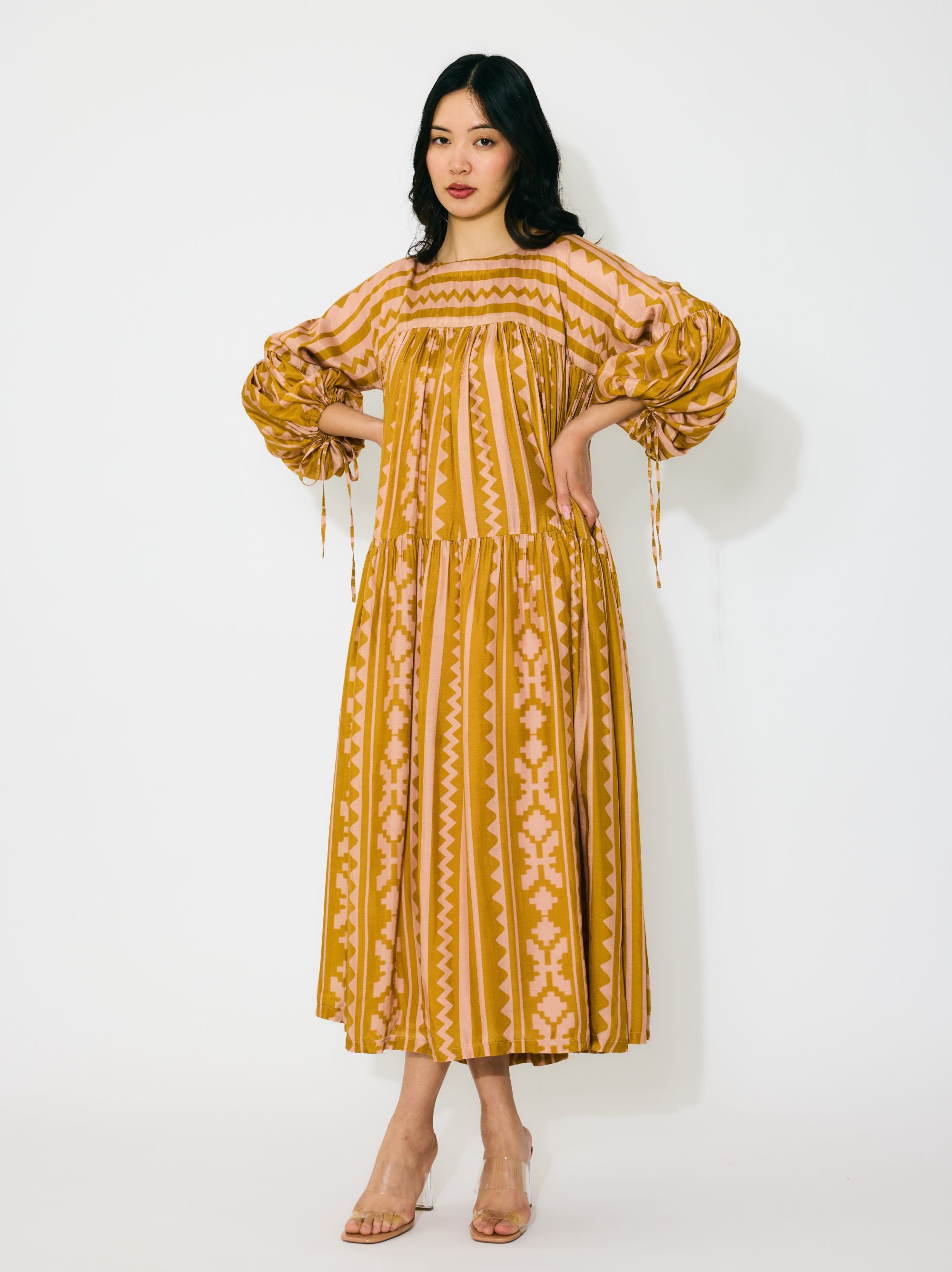 MUSTARD AND PEACH PATTERN MIDI DRESS