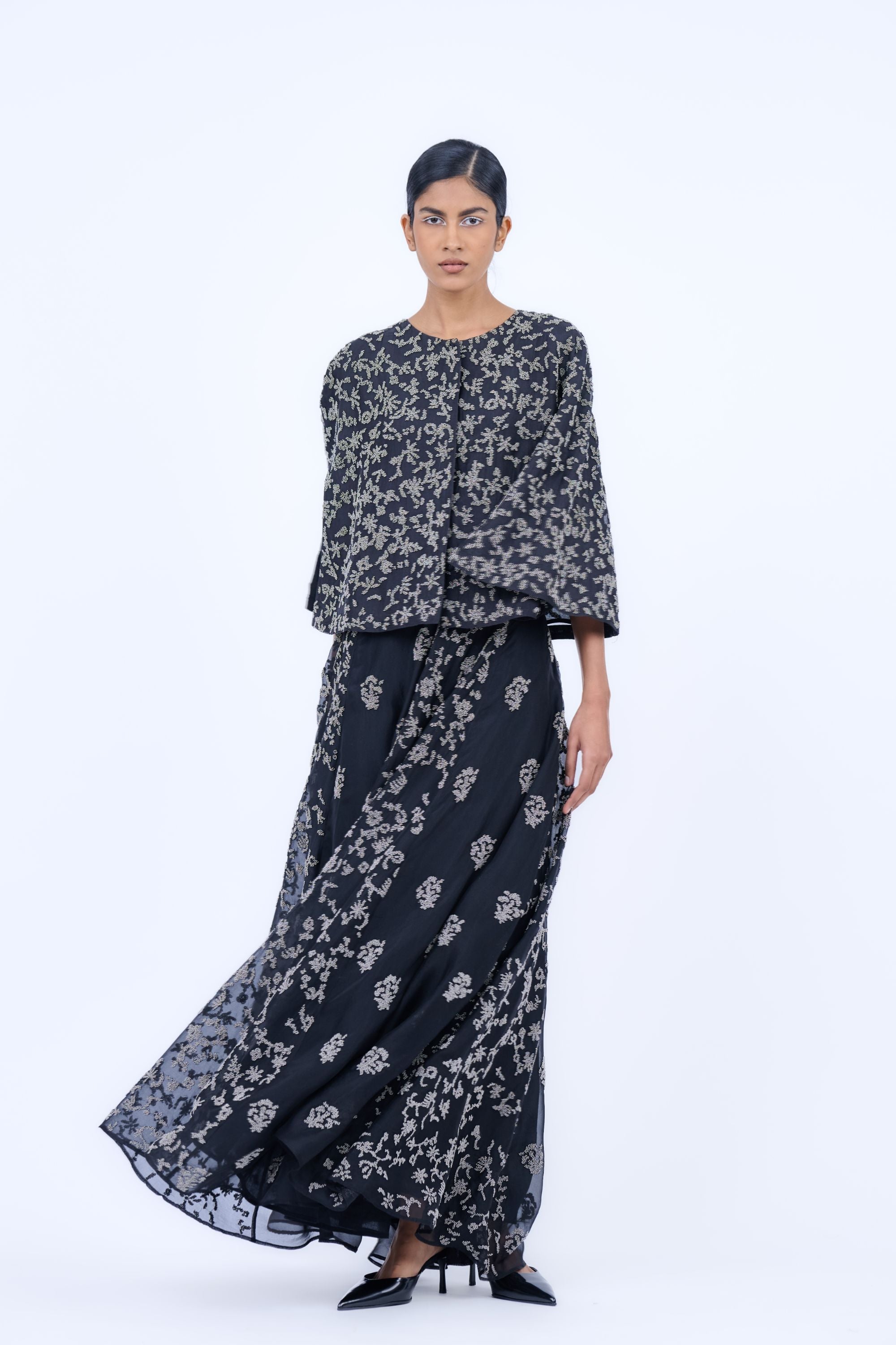 Black Slv Silk Organza Cape