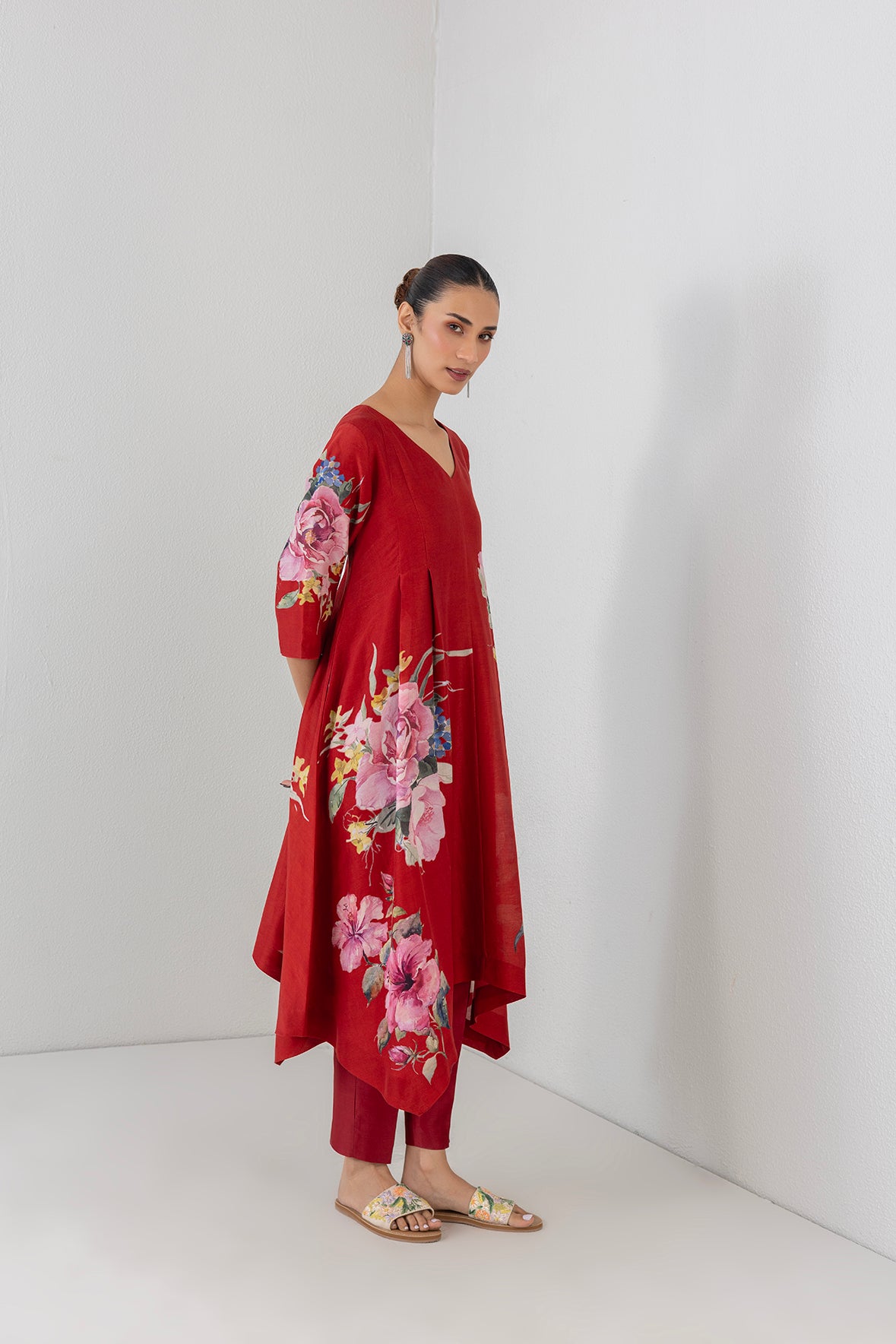 Crimson Flame Red Silk Chanderi China Rose Printed Dress