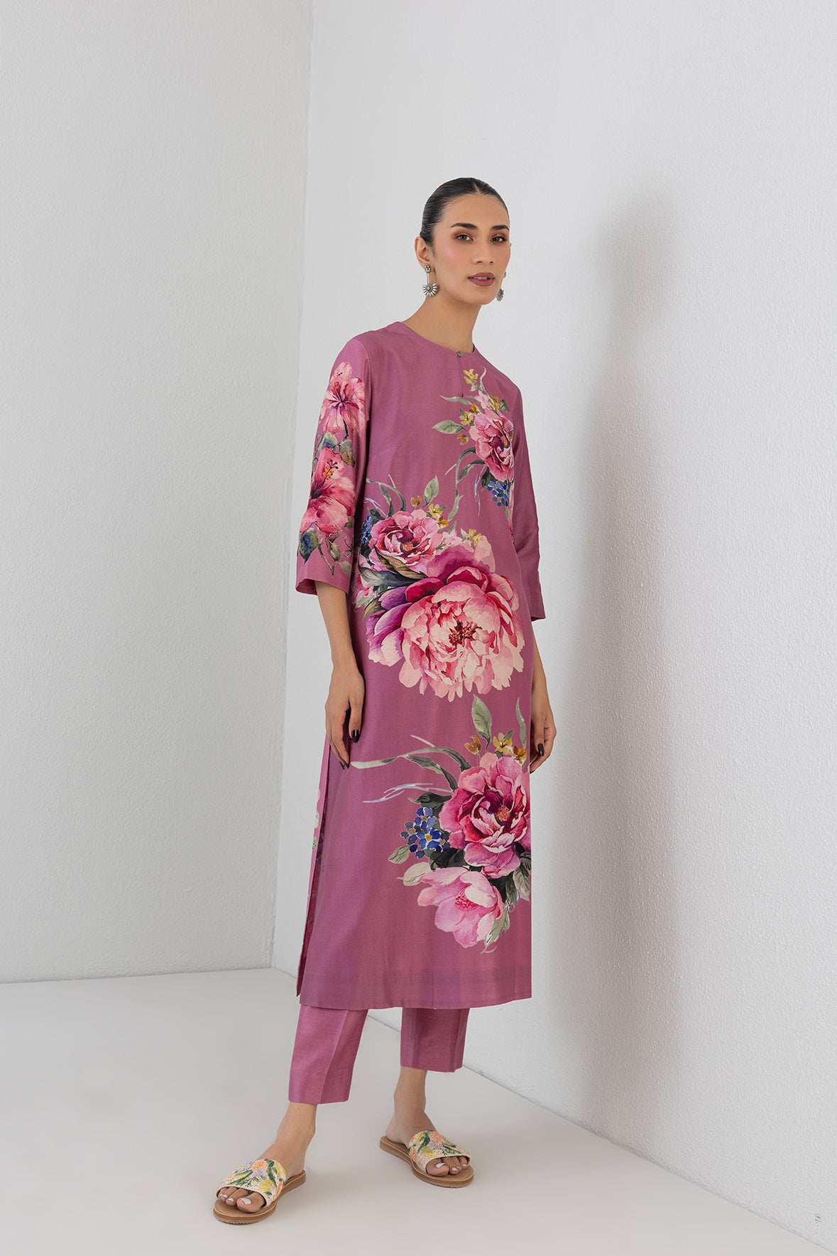 Fuchsia Pink Silk Chanderi Peony Flower Printed Tunic
