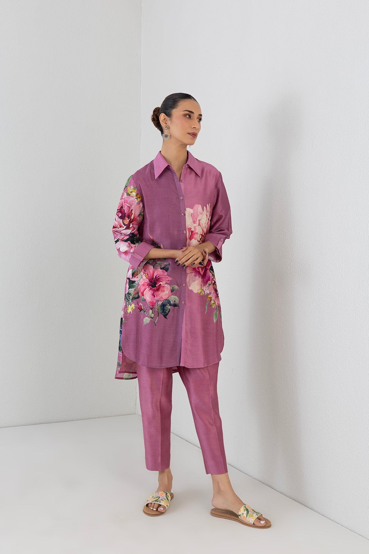 Blush Pink Dupion Peony Flower Printed Shirt