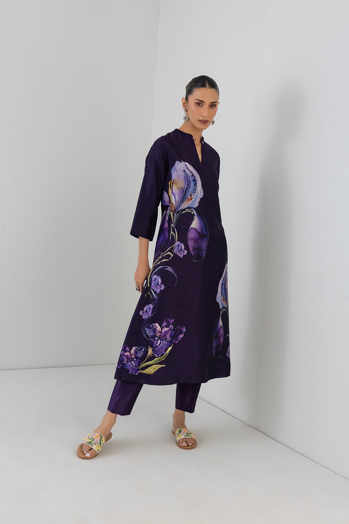 Eggplant Purple Dupion Iris Lily Printed Tunic