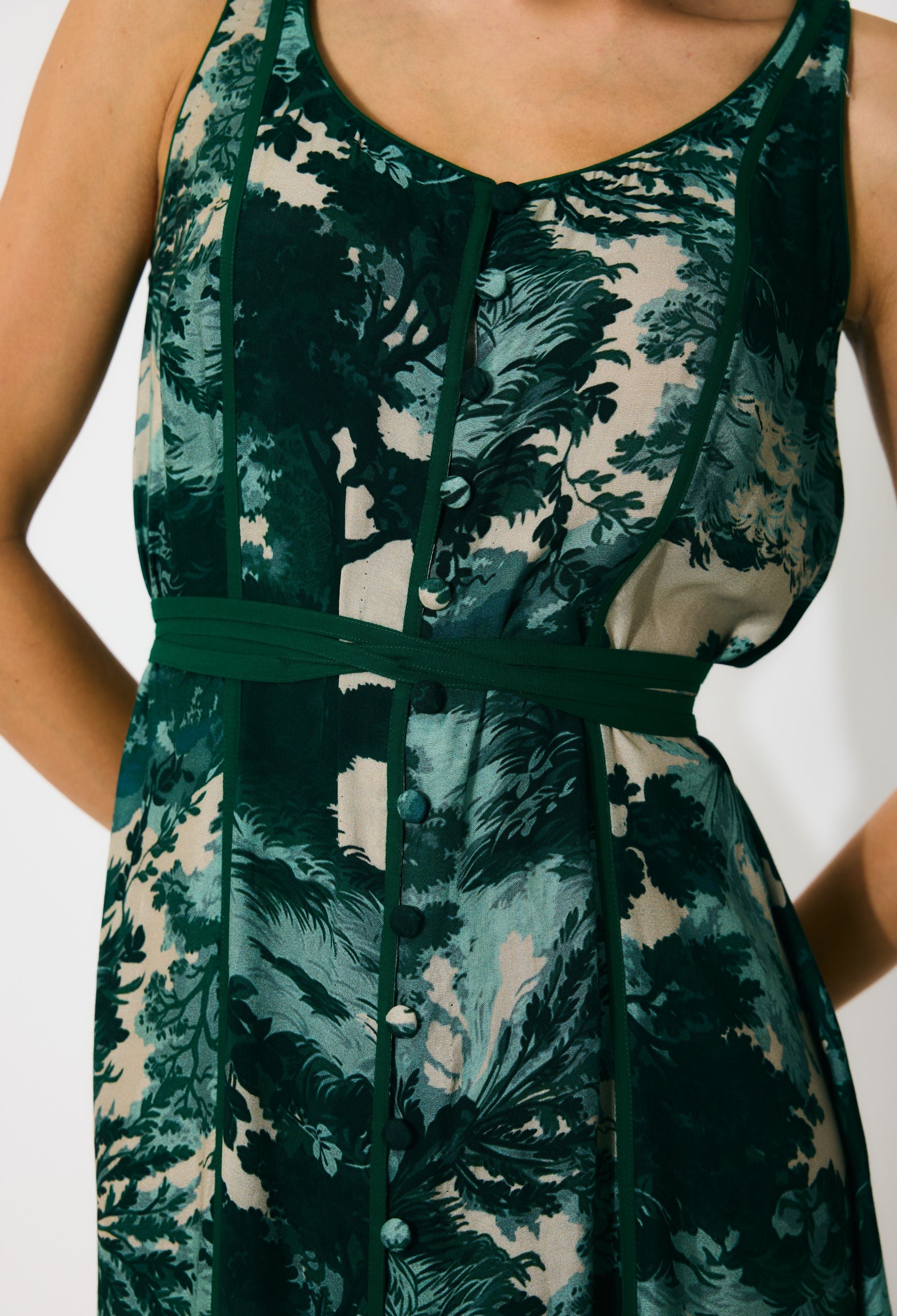 DARK GREEN, MINT AND BEIGE TOIL PRINT SLEEVELESS DRESS