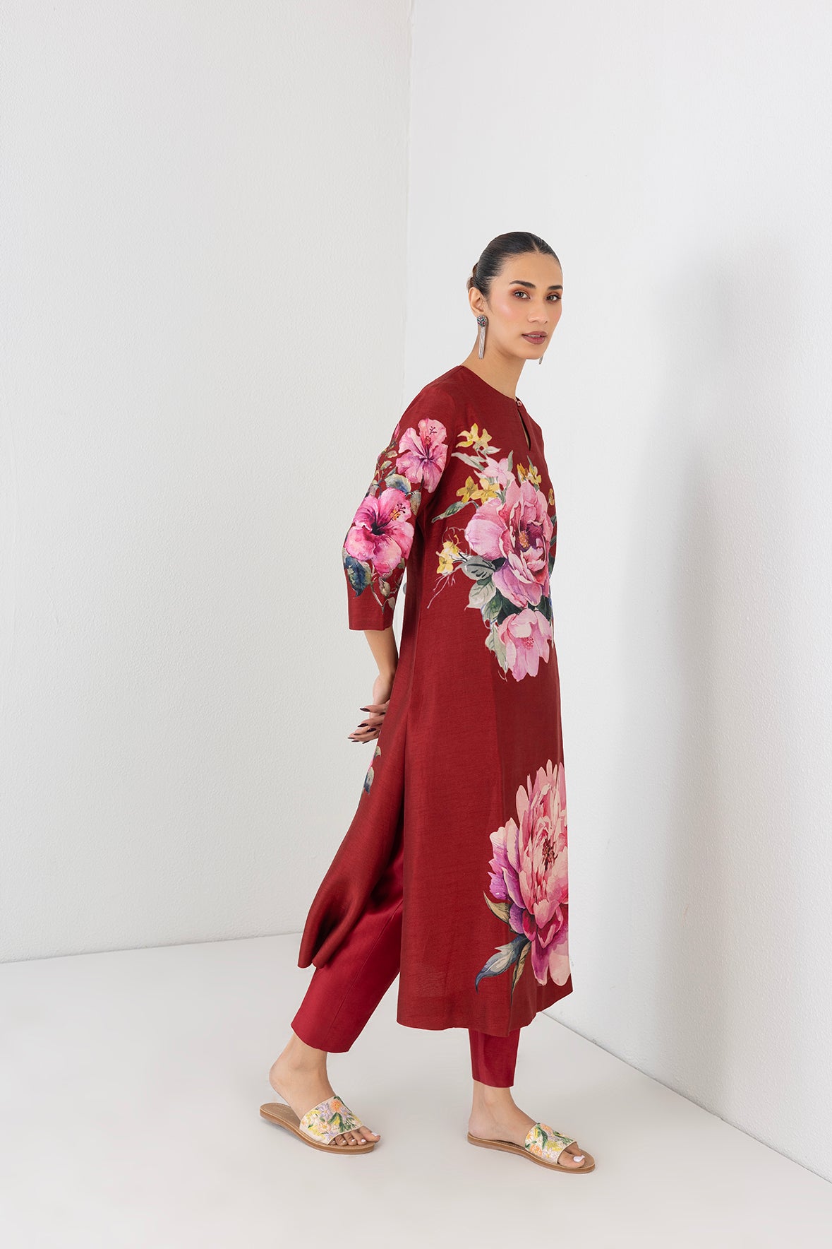 Poppy Blaze Red Dupion China Rose Printed Tunic