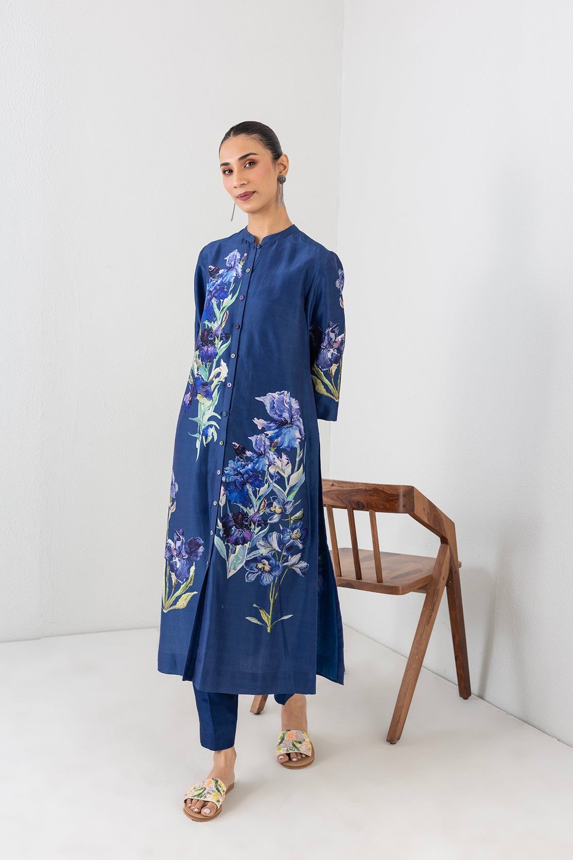 Midnight Indigo Silk Chanderi Floral Printed Tunic