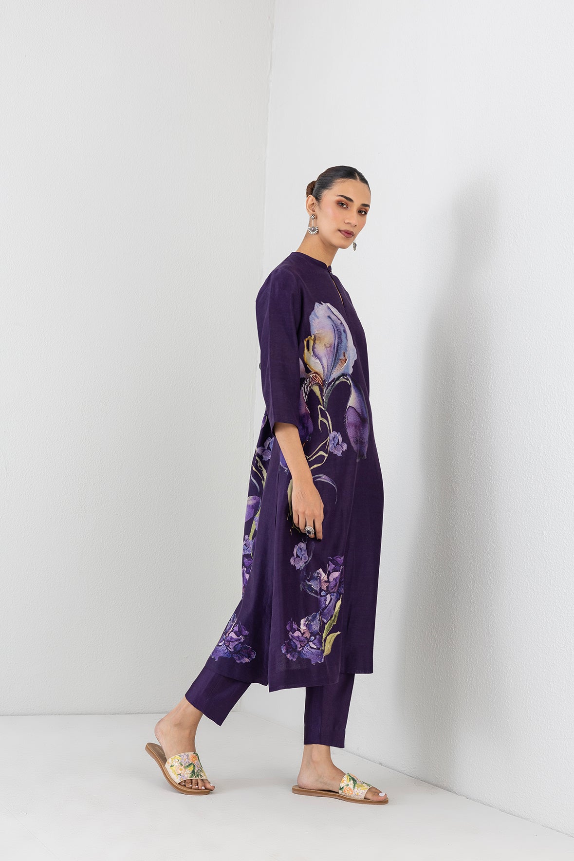 Violet Abyss Silk Chanderi Iris Lily Printed Tunic