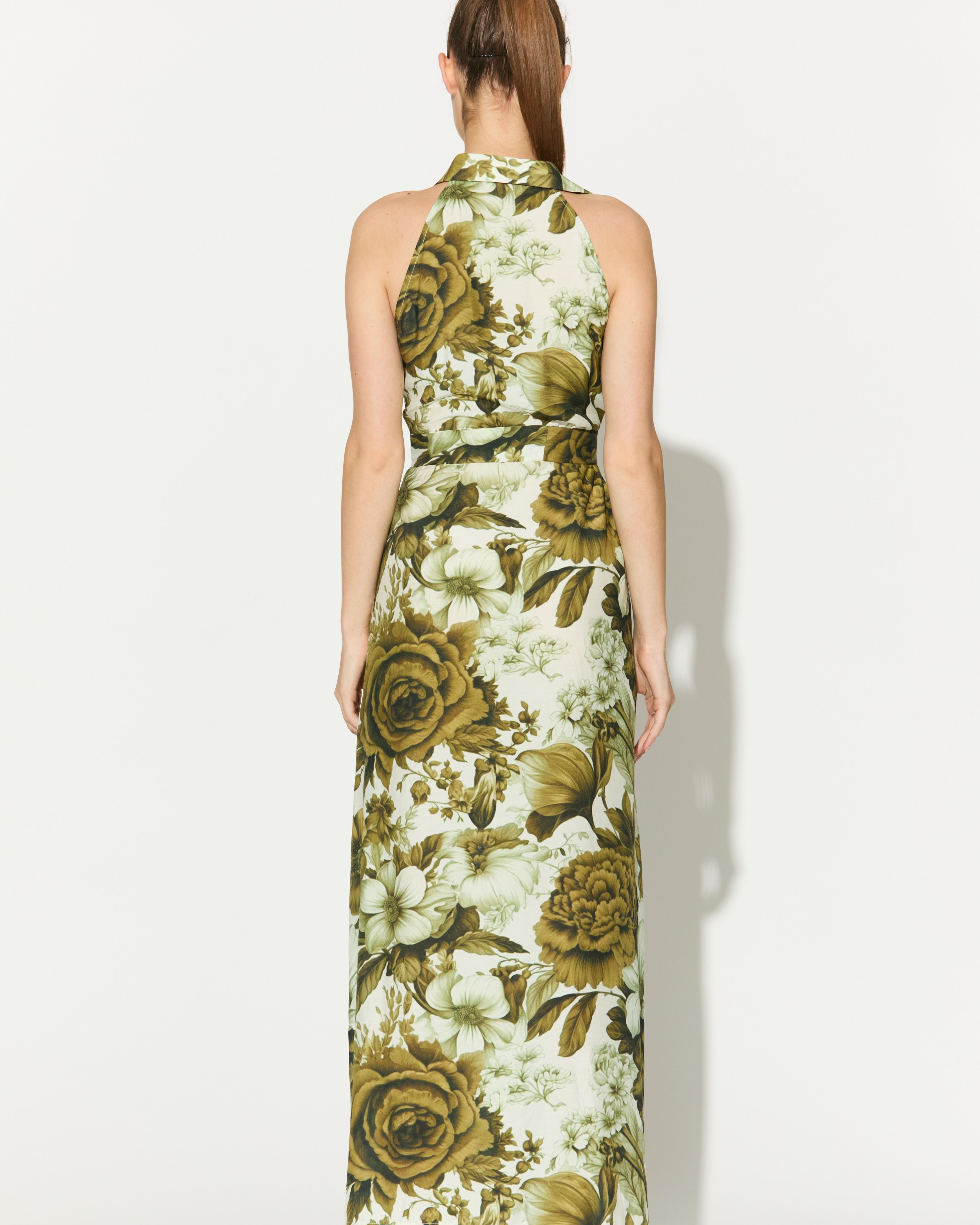 CREAM AND OLIVE FLORAL SLEEVELESS SHIRT DRESS