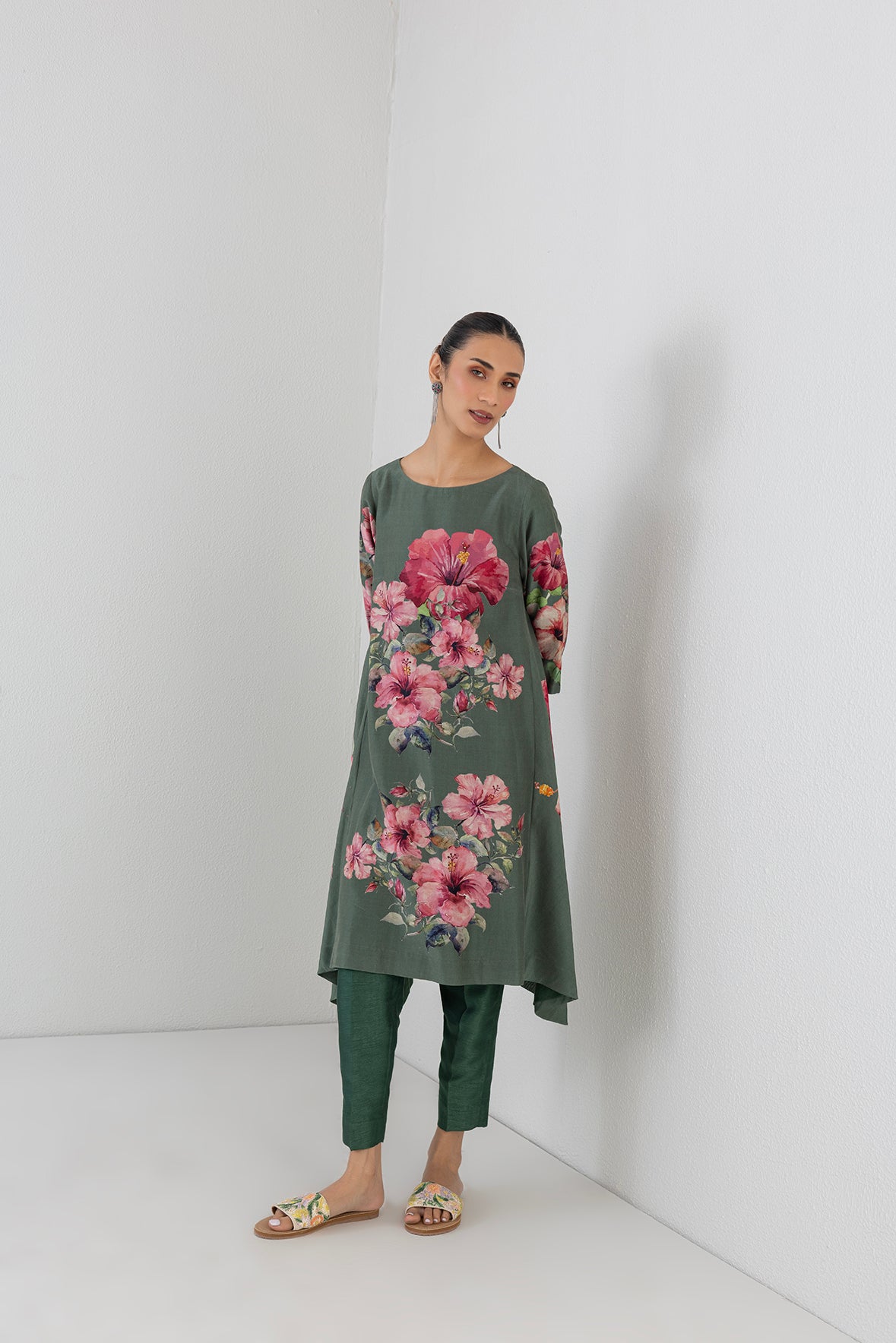 Minted Sage Silk Chanderi Hibiscus Printed Dress